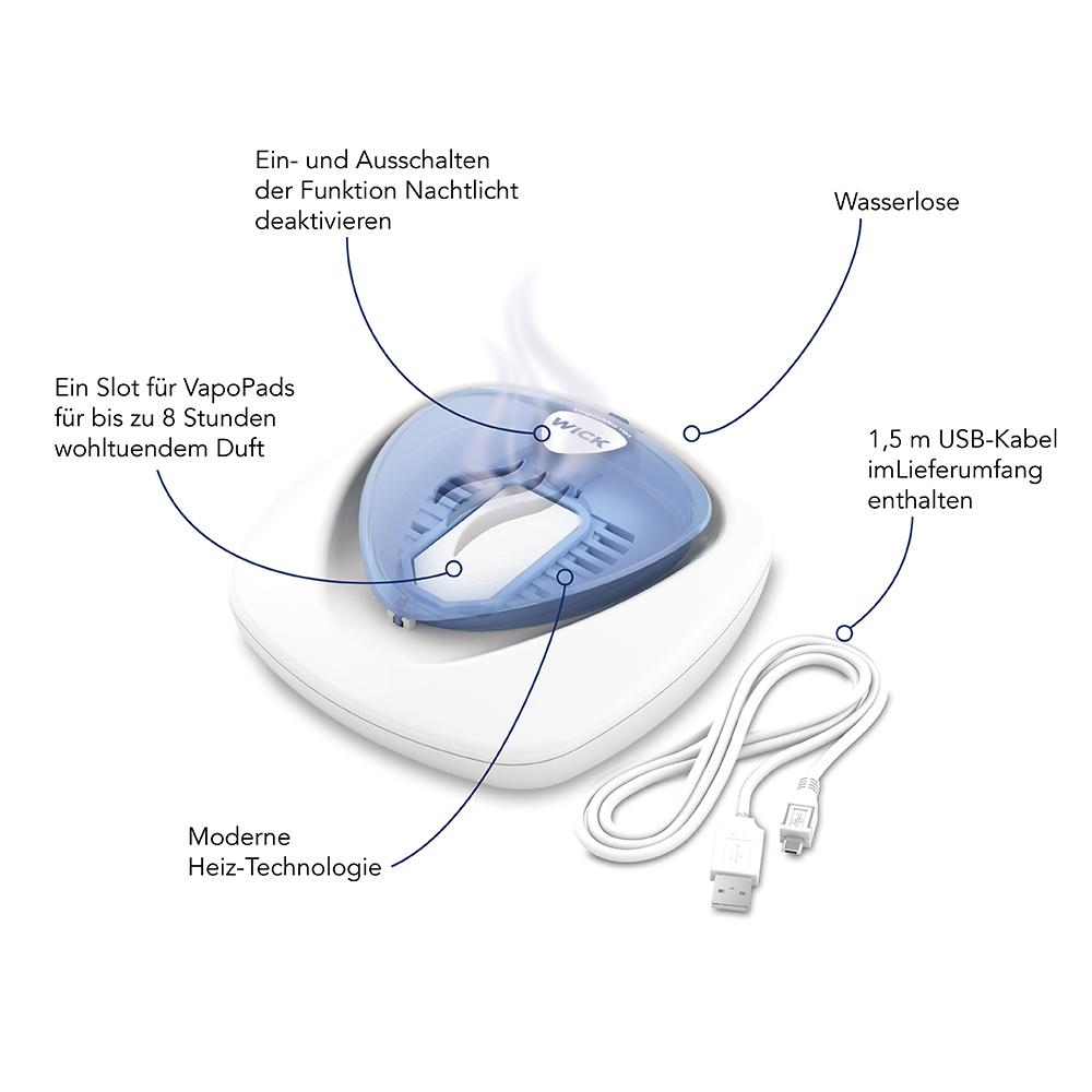 Ein weißer Luftbefeuchter mit blauem Deckel. Text zeigt Funktionen: VapoPads, Nachtlicht, USB-Kabel, moderne Heizung.