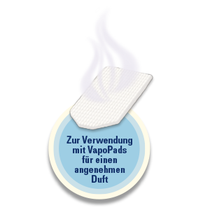 Weißes Pad mit hellblauem Dampf, Text: Zur Verwendung mit VapoPads für einen angenehmen Duft.