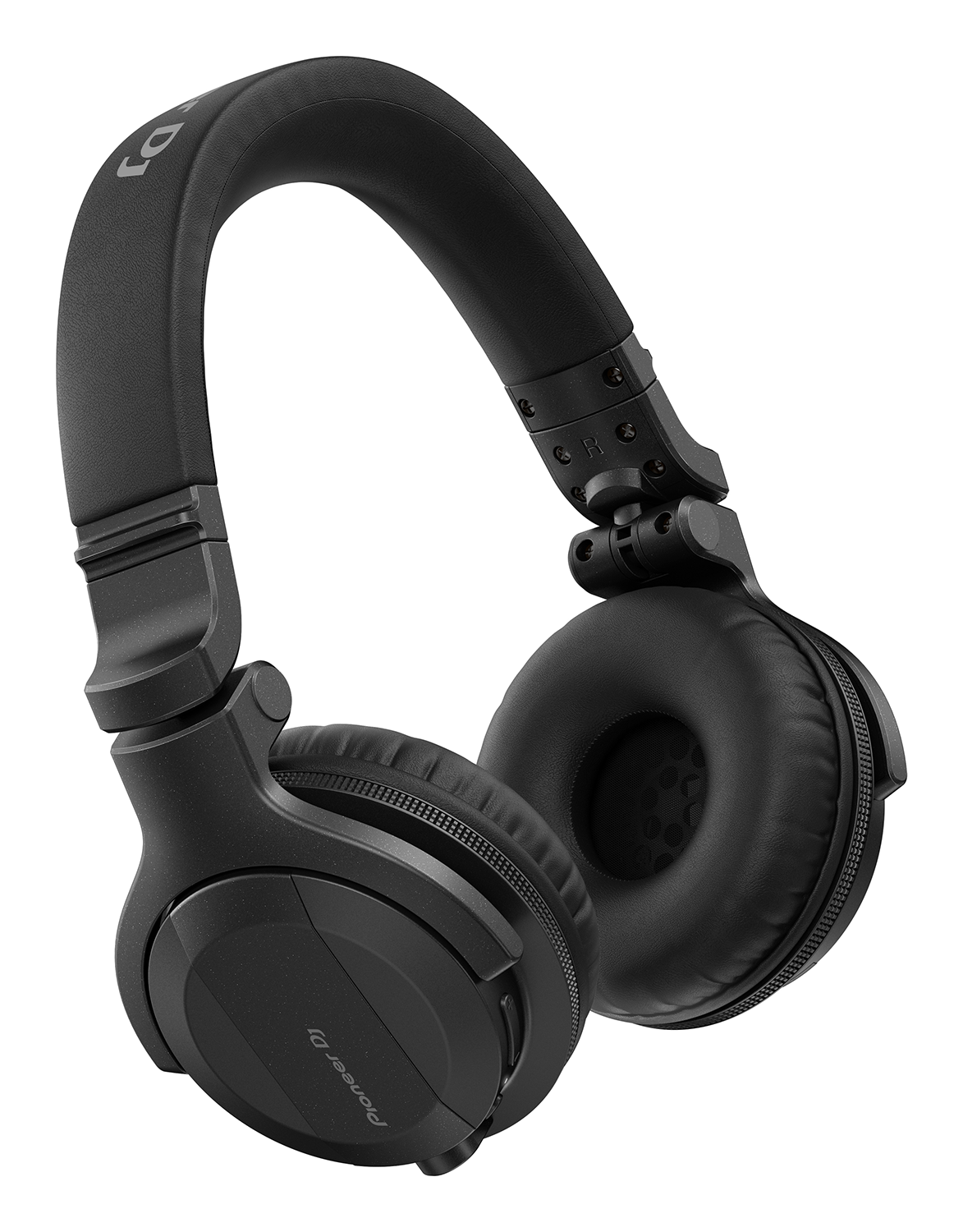 Black DJ headphones. They have large earcups and a padded headband.