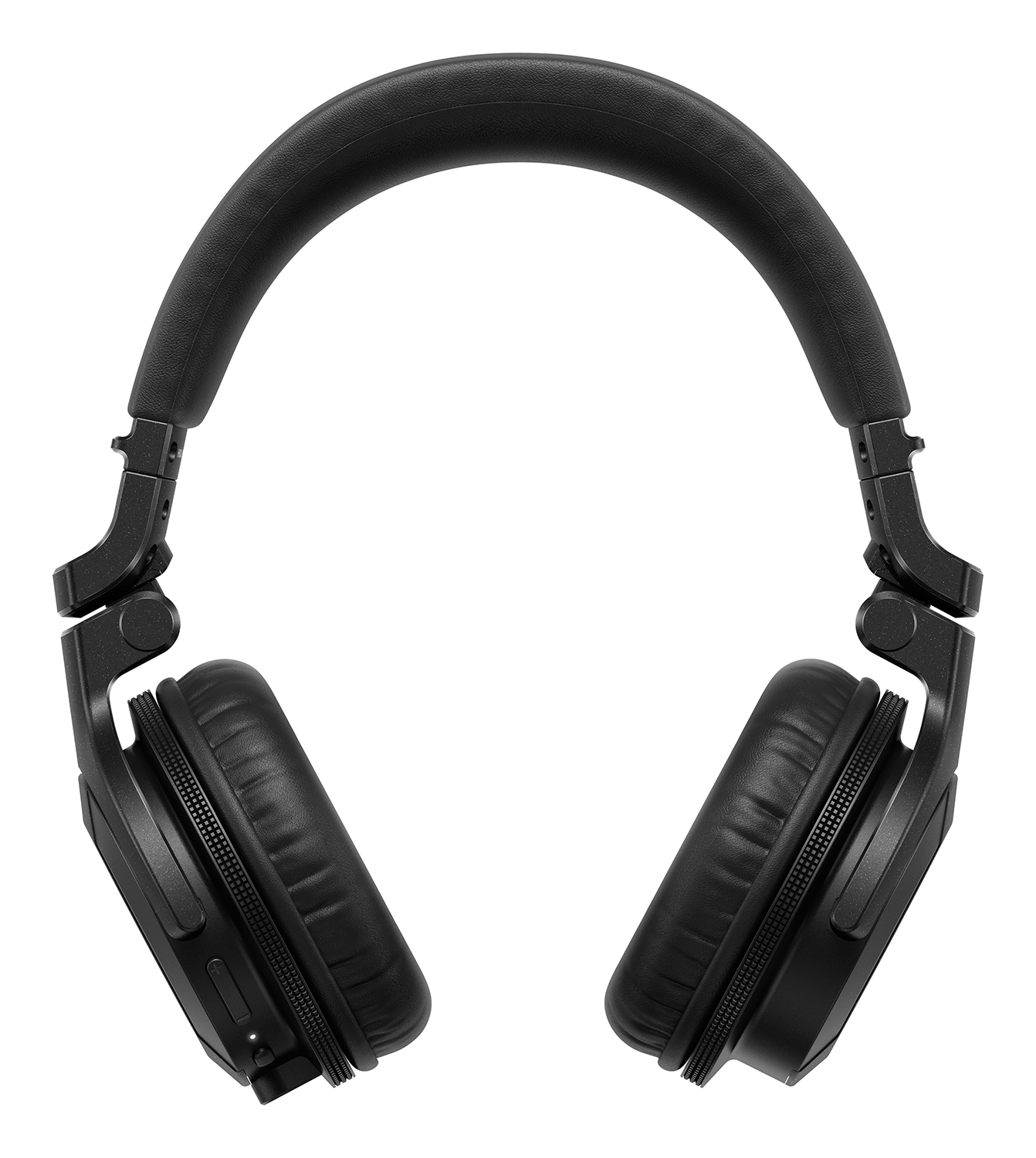 Black headphones with a padded headband and earcups, on a white background.