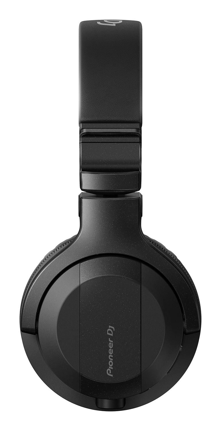 Black Pioneer DJ headphones, overhead view. Simple, solid black design. The headband is also black.