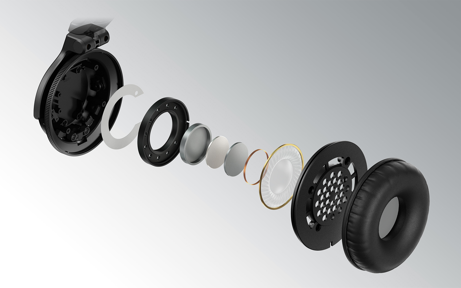 Exploded view of black headphones, showing components: earcups, speaker, padding, and internal parts, against a grey gradient.