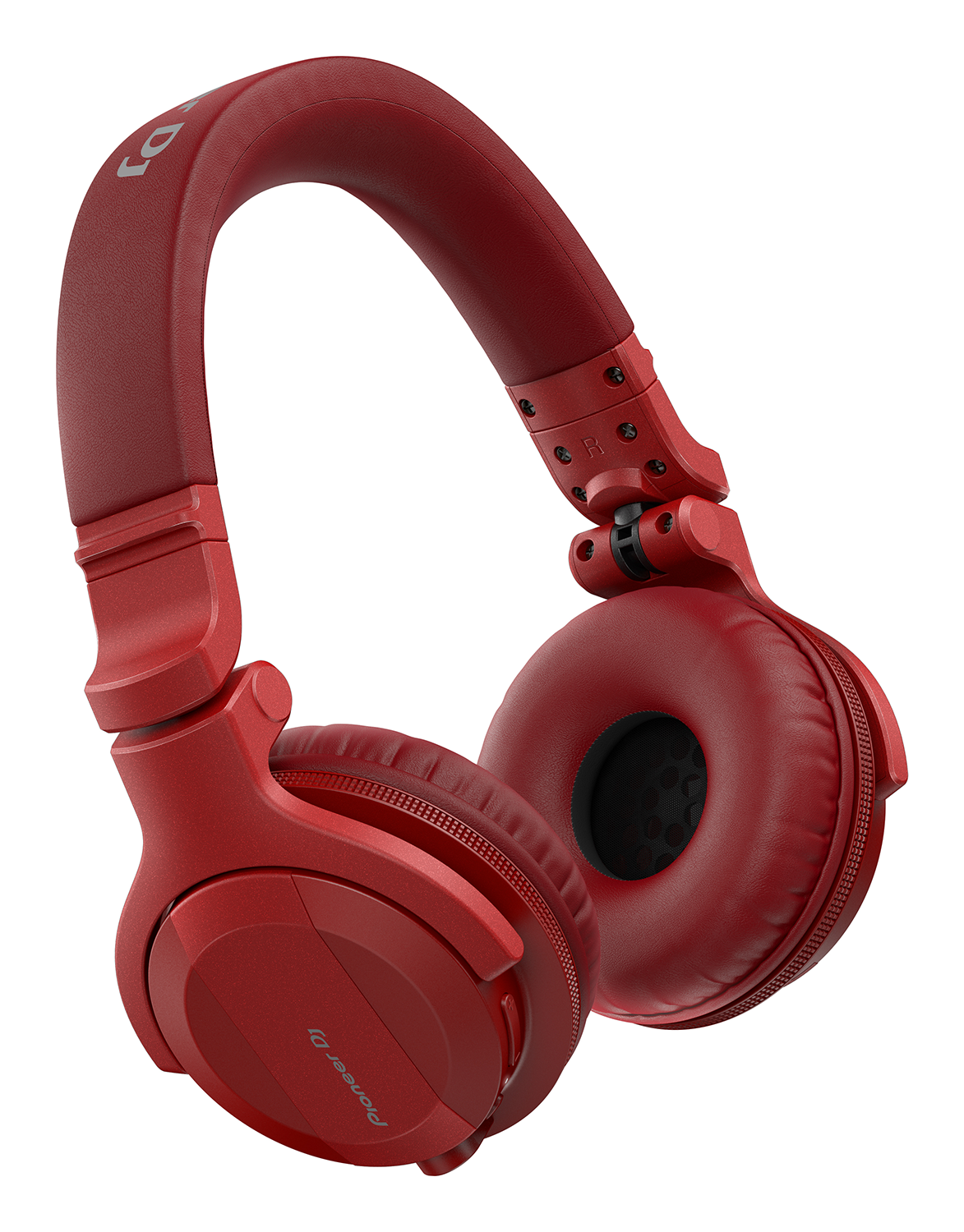 Red Pioneer DJ headphones on a white background, angled view.
