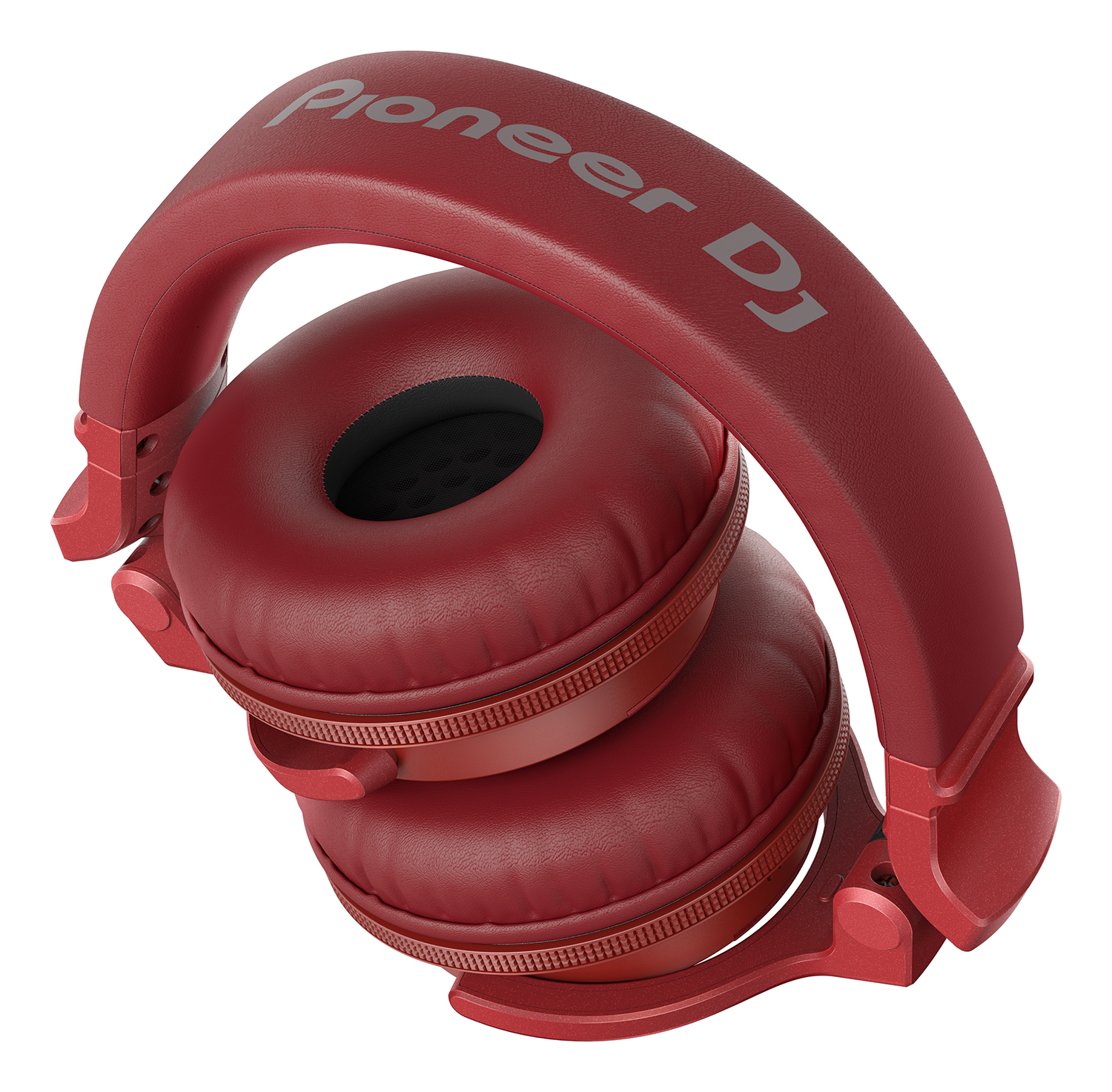 Red Pioneer DJ headphones, folded, with the Pioneer DJ logo visible on the headband.
