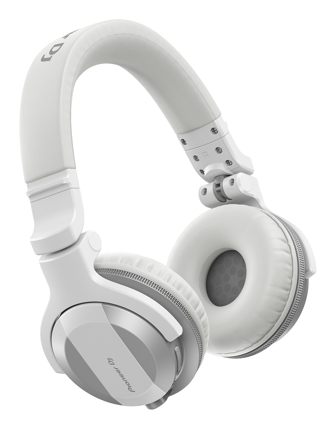 White headphones with a gray band. Pioneer DJ logo is visible.