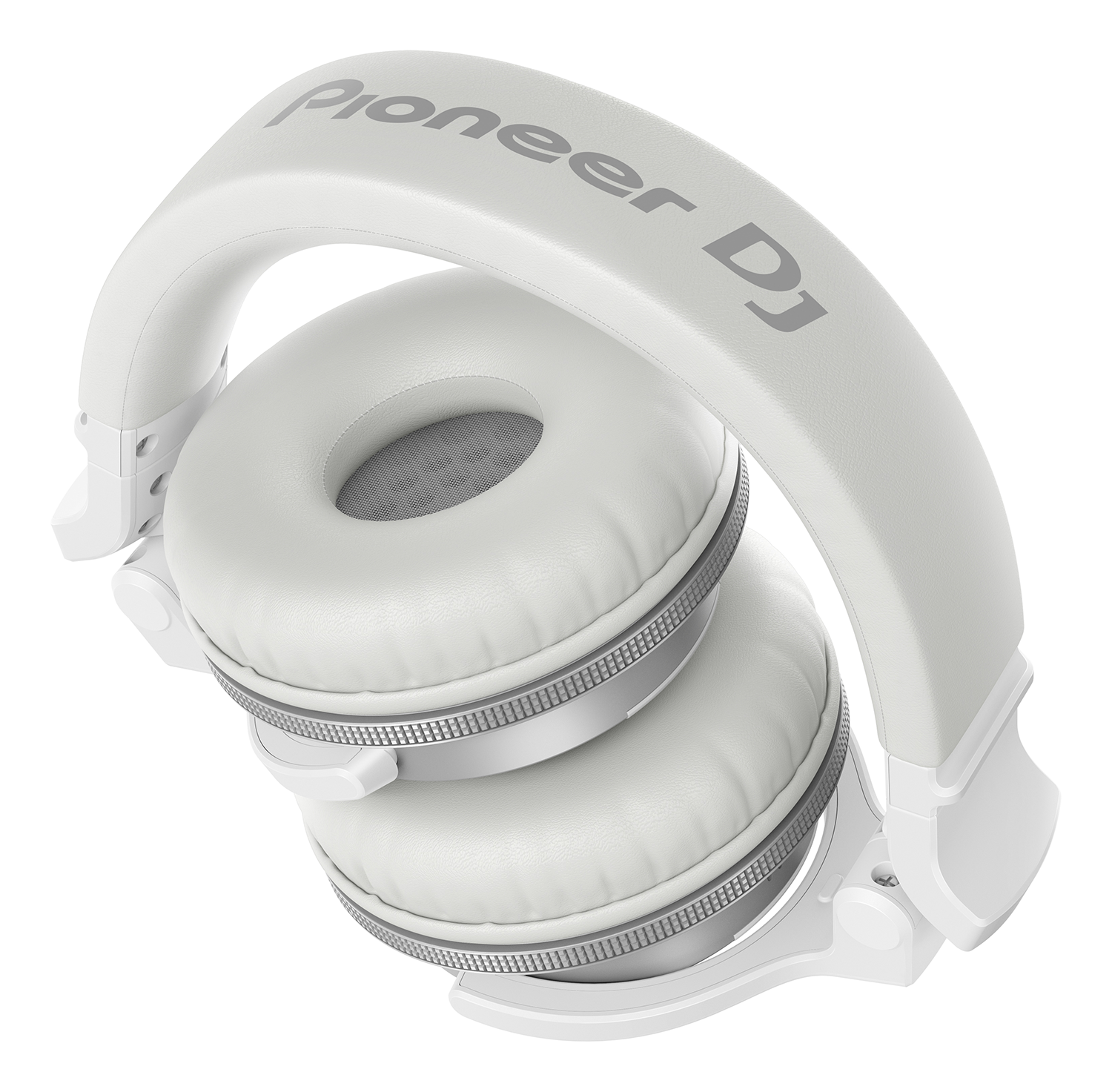 White Pioneer DJ headphones folded. The headphones are against a white background.
