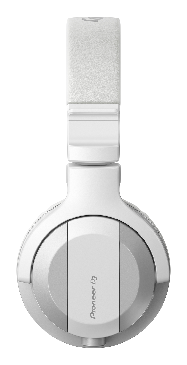 White Pioneer DJ headphones. Top view shows the headband and earcups. The logo is visible. Background is white.