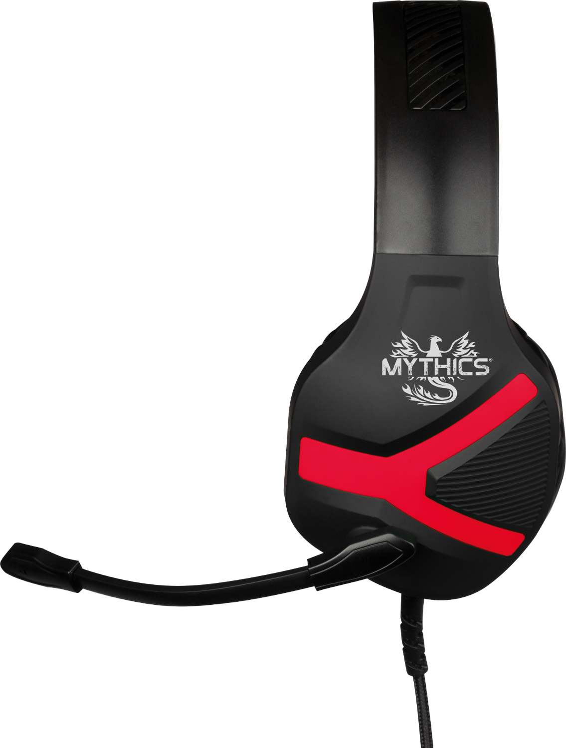 Schwarzes und rotes Gaming-Headset mit Mikrofon. Mythics-Logo auf der Seite.