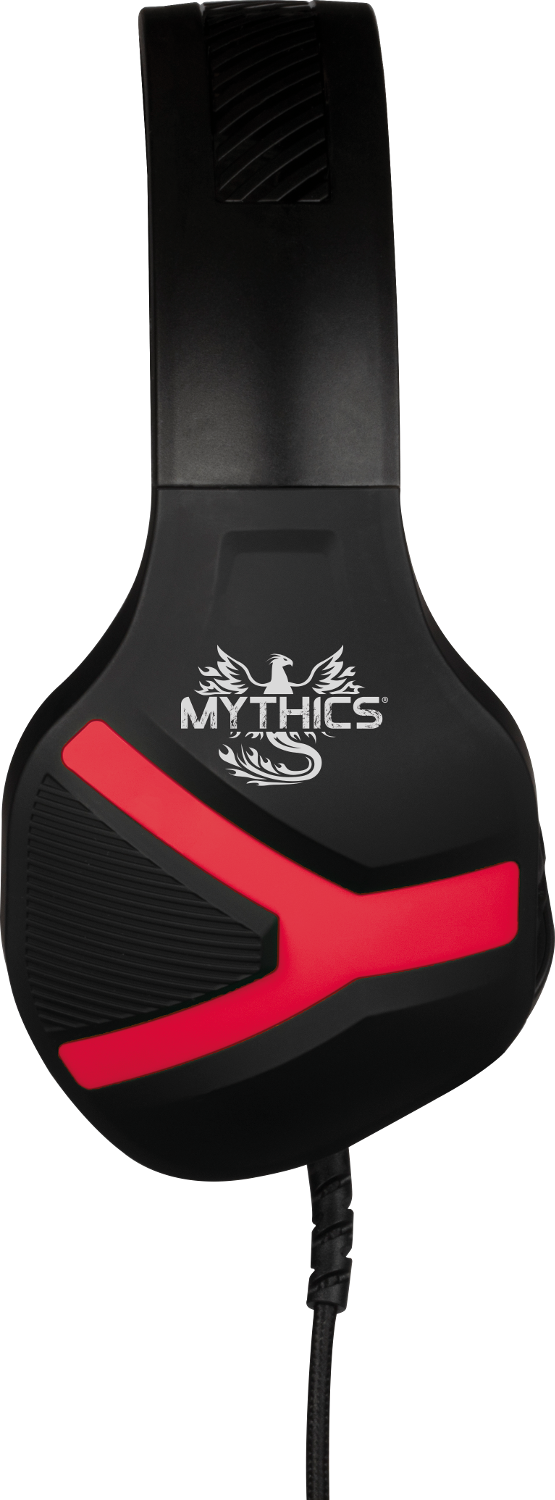 Schwarzes Gaming-Headset mit roten Akzenten und dem Mythics-Logo auf der Rückseite.