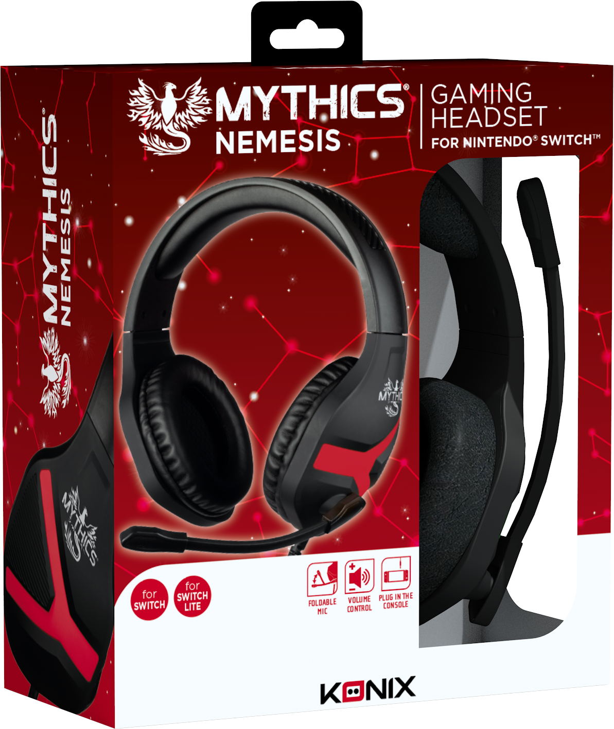 Gaming-Headset-Box. Sie zeigt ein Headset mit rotem Akzent und Mikrofon.