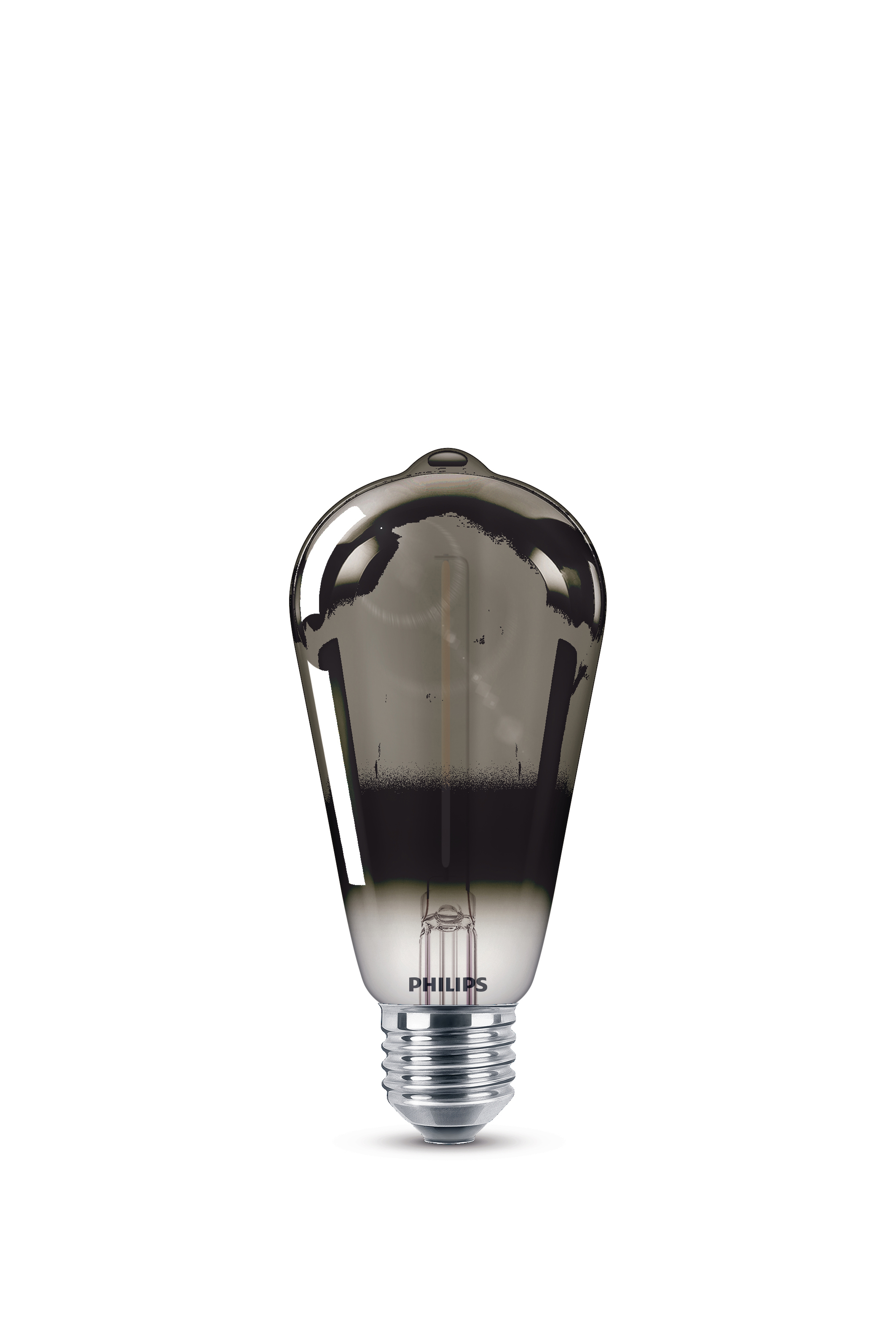 LED-Glühbirne. Eine Glühbirne mit schwarzem Oberteil und silbernem Sockel, mit dem Philips-Logo.