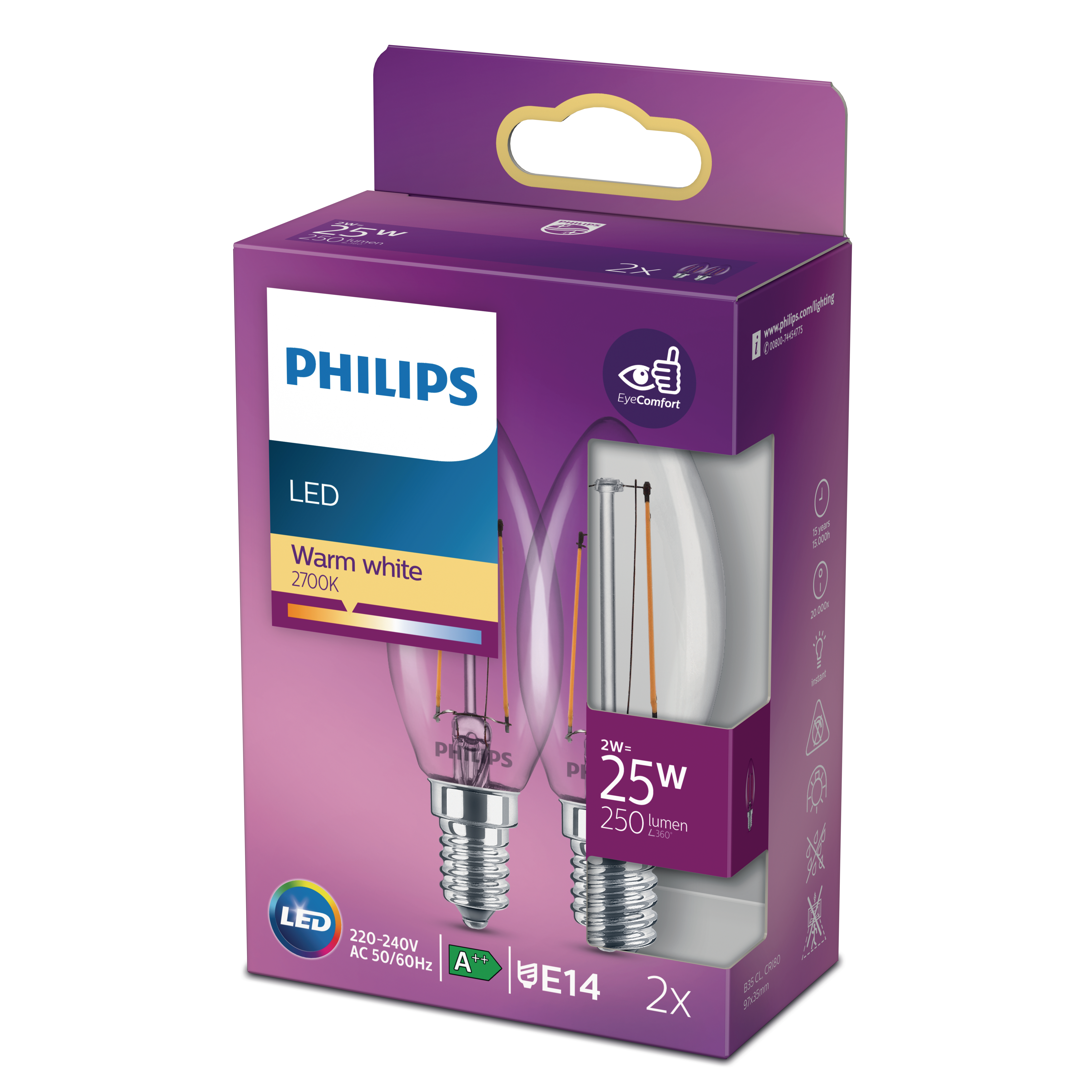 Zwei Glühbirnen in Schachtel. Philips LED, warmweiß, Details sichtbar.