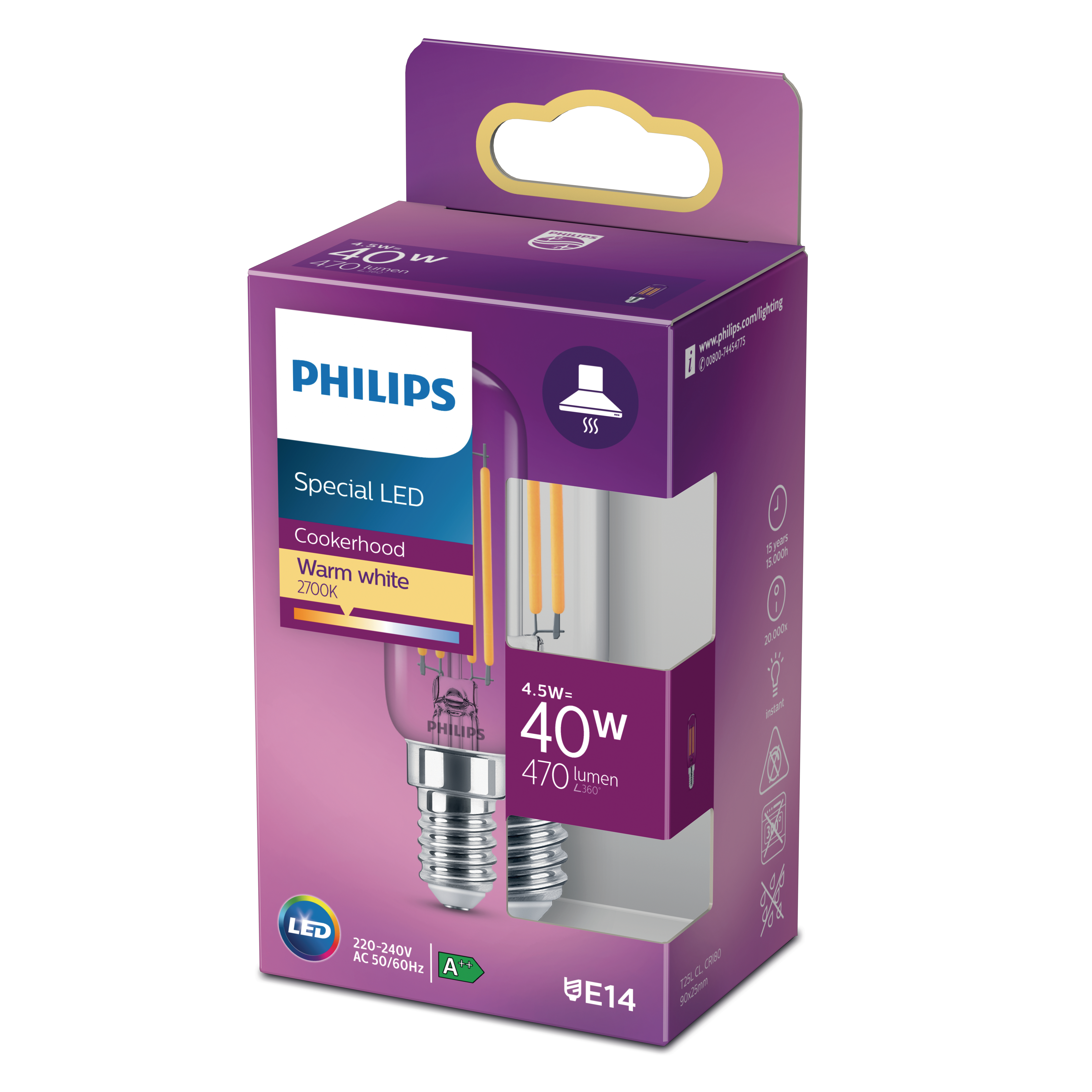Eine Philips LED-Glühbirnenbox, die eine Glühbirne, Details und ein Energieeffizienzlabel zeigt.