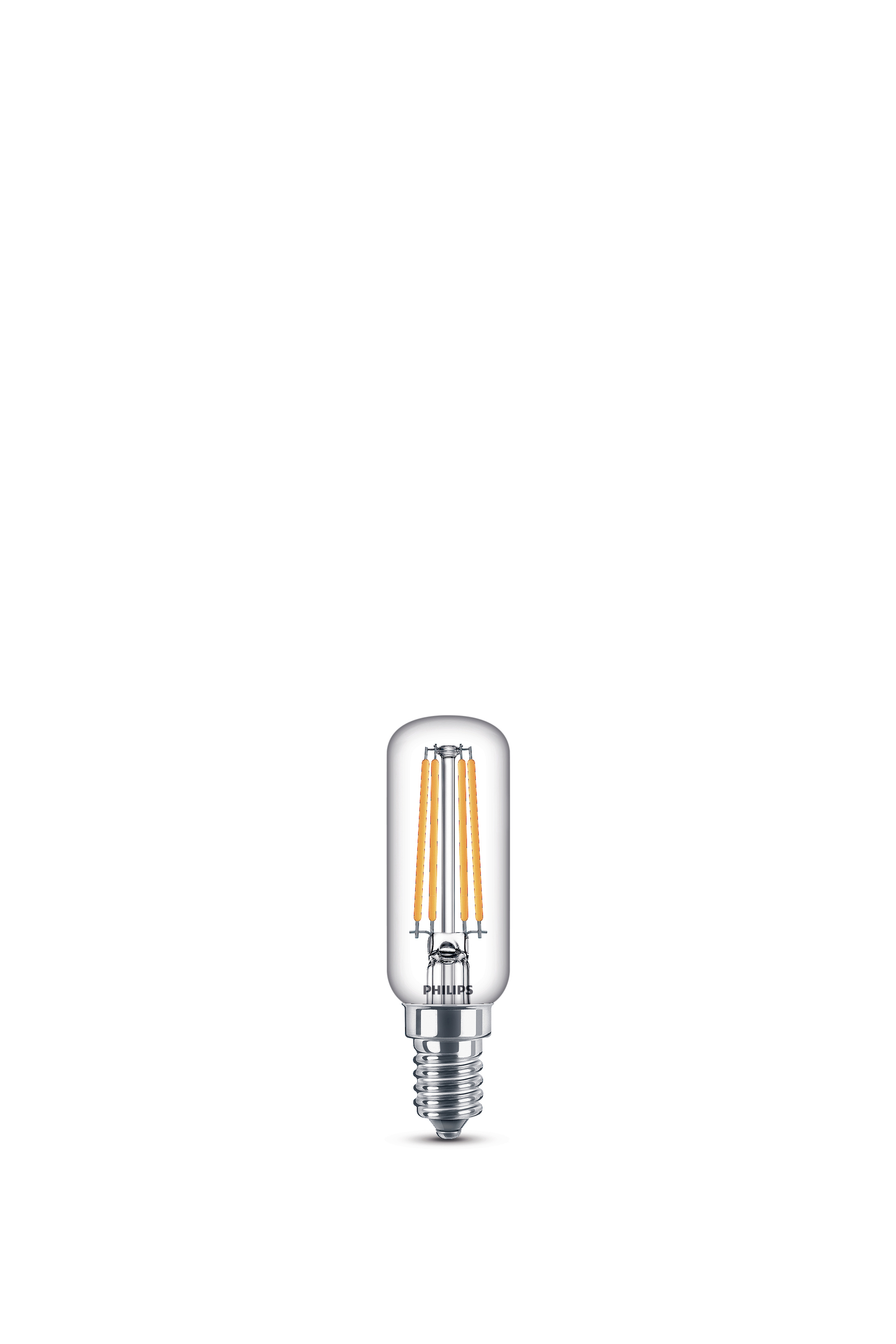 LED-Glühbirne. Eine lange, klare Röhre mit orangefarbenen Filamenten im Inneren und einem silbernen Sockel.