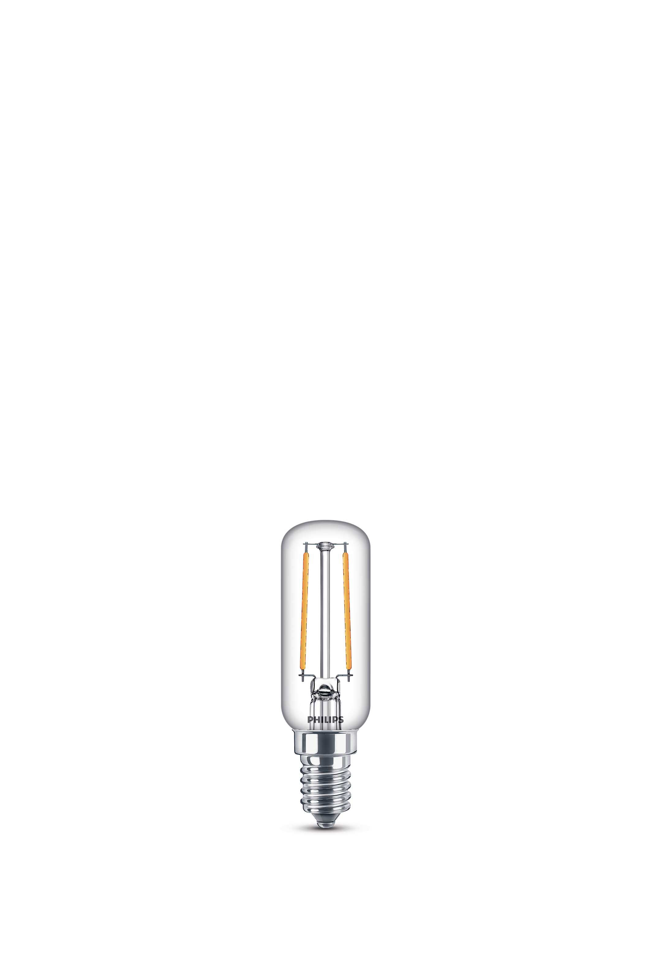 Eine Philips T-förmige Glühbirne mit klarem Glas und zwei Glühfäden auf weißem Grund.
