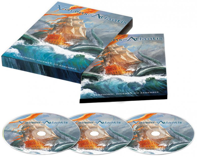 Visions of Atlantis albumkészlet dobozzal és 3 CD-vel. A borítón egy hajó látható viharban.
