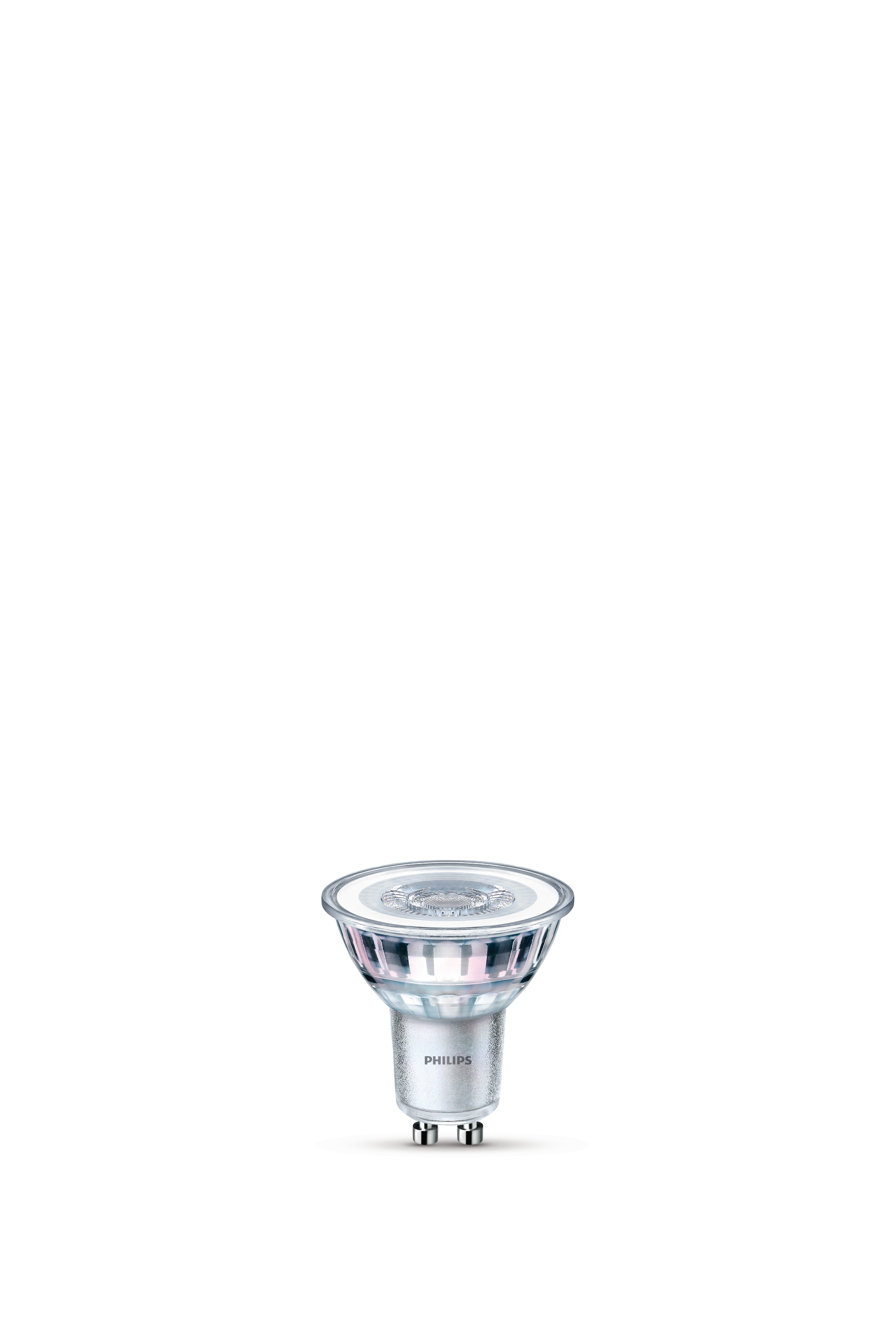 Eine Philips LED-Glühbirne. Die Glühbirne ist klar und hat einen silbernen Sockel und ein Philips-Logo.