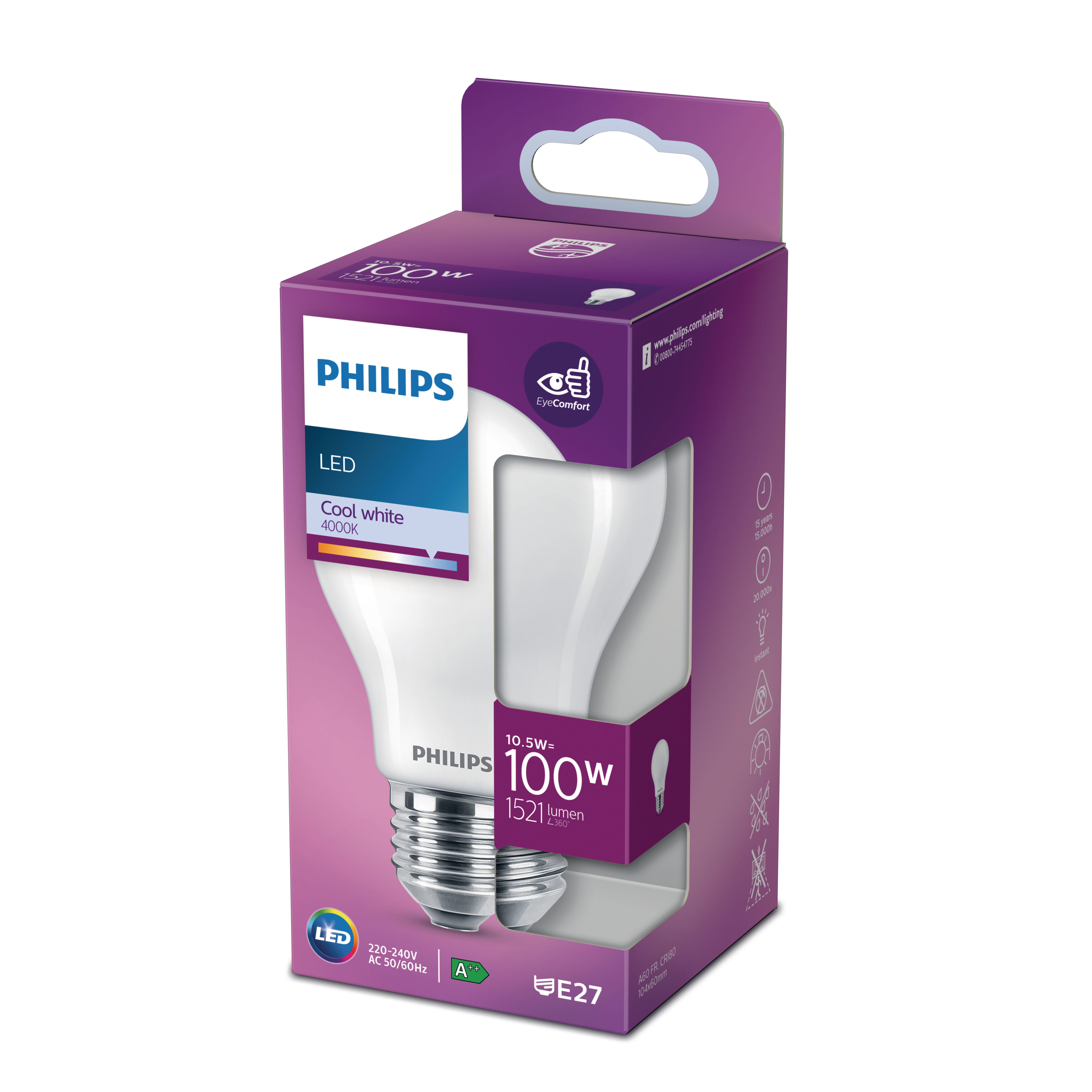Eine Philips LED-Glühbirne in ihrer Verpackung. Die Schachtel ist weiß und lila, mit Text und einem Glühbirnenbild.
