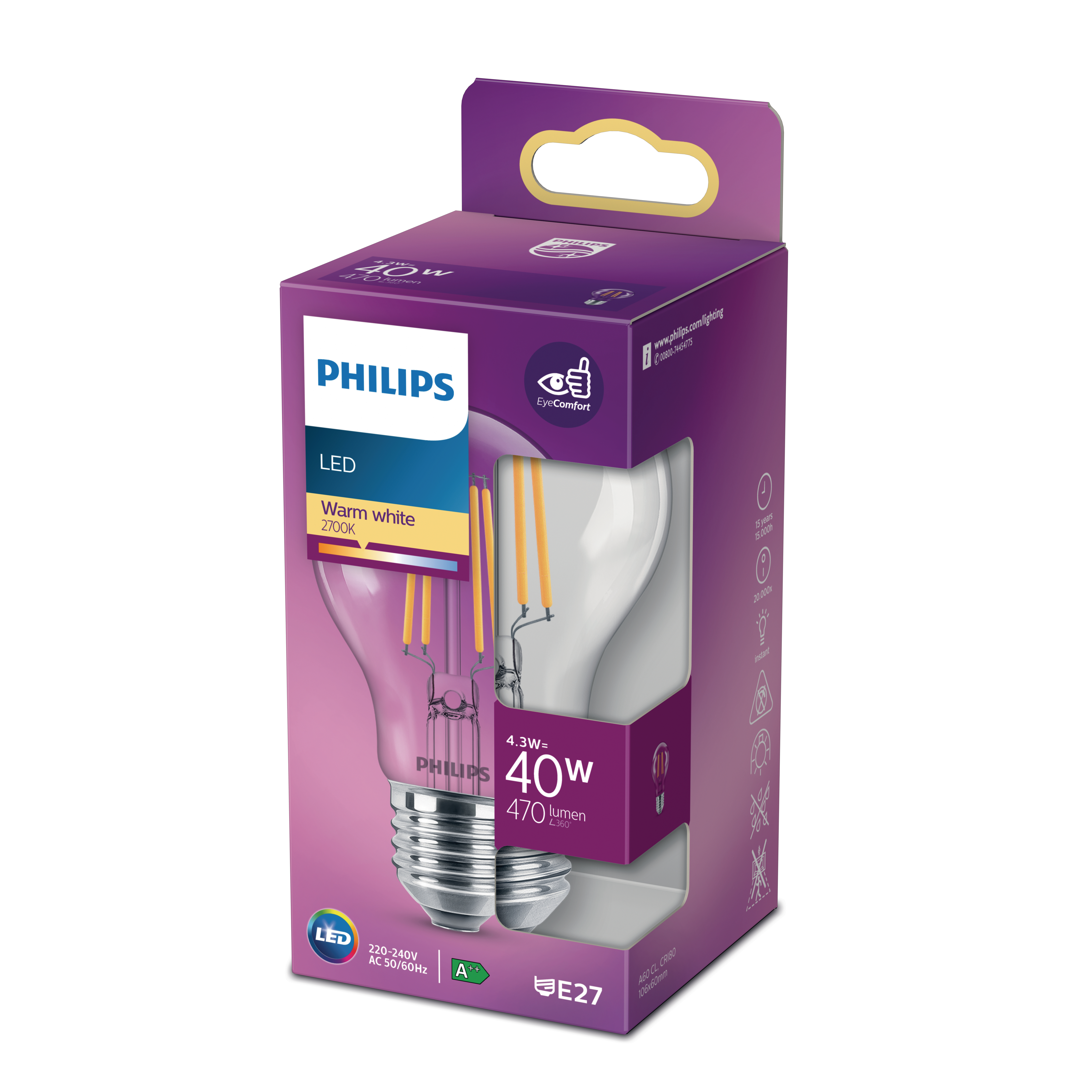 Eine Philips LED-Glühbirne in einer Box. Die Box ist lila, die Glühbirne gelb und klar.