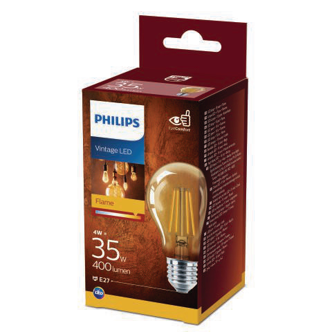 Eine Philips Vintage LED-Glühbirne in einer Box mit braunem Hintergrund und Etiketten.