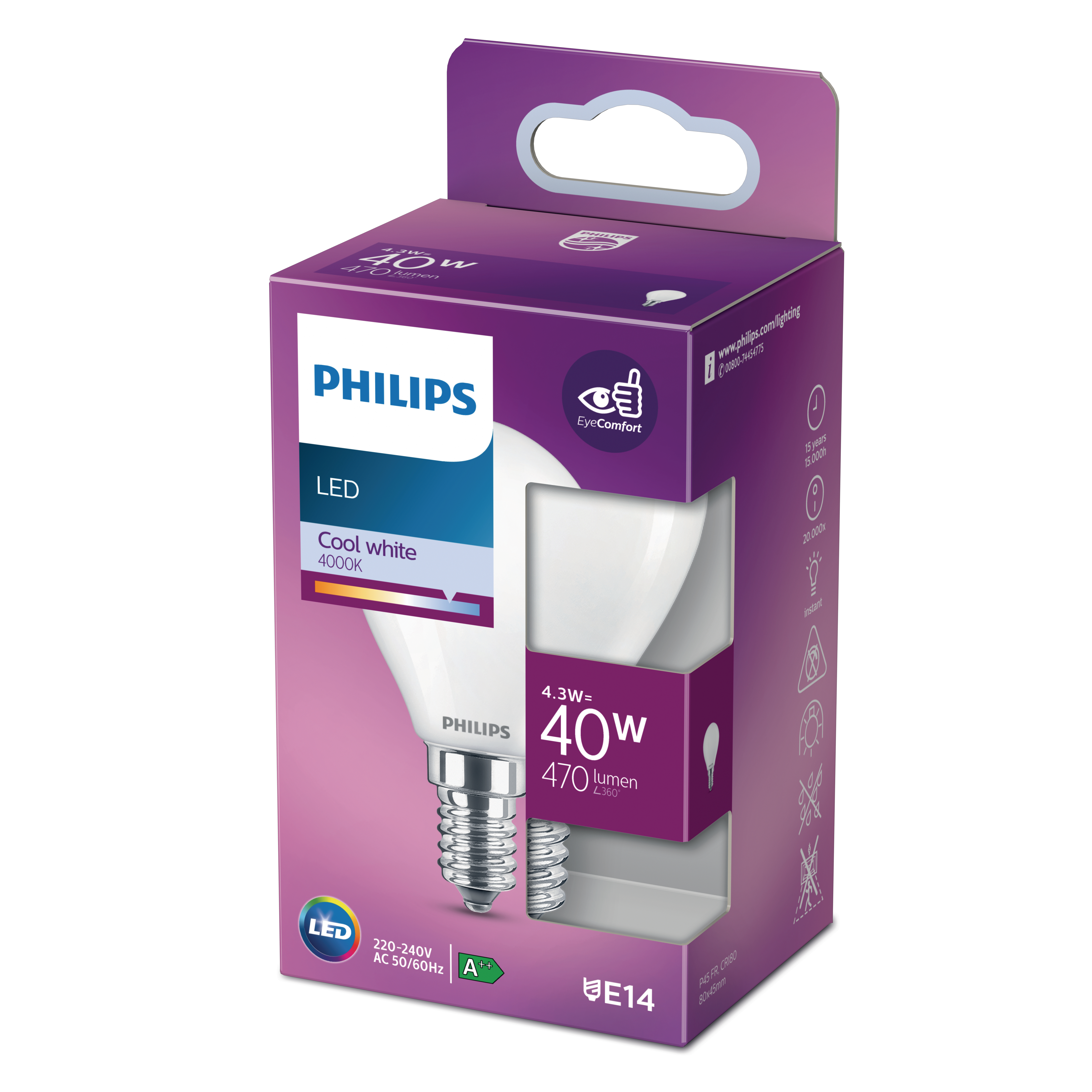 Verpackte Philips LED-Glühbirne. Die Schachtel ist lila und weiß und zeigt die Glühbirne und Produktdetails.