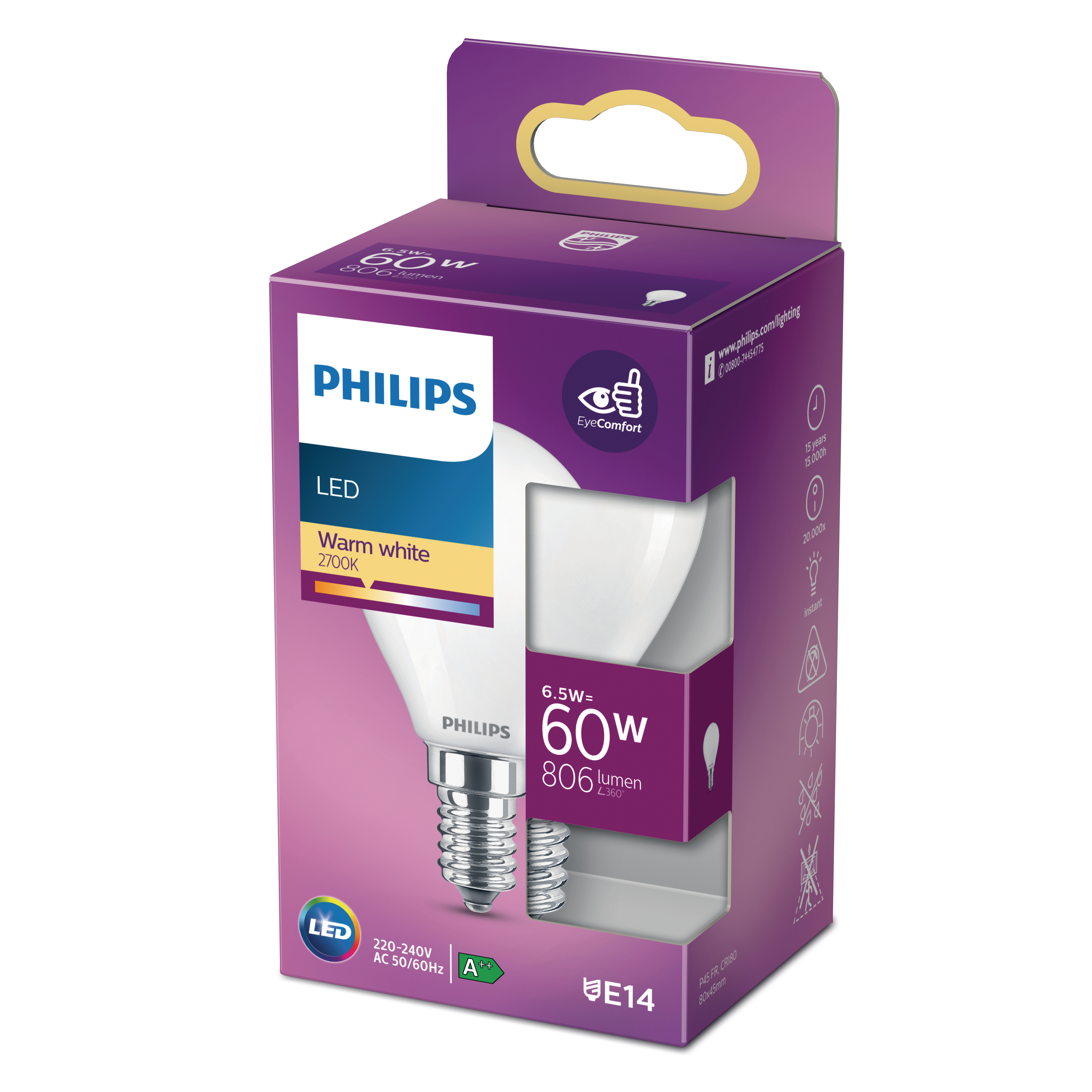 Eine Philips LED-Glühbirne in einer Box mit Informationen zu ihren Eigenschaften und Spezifikationen.