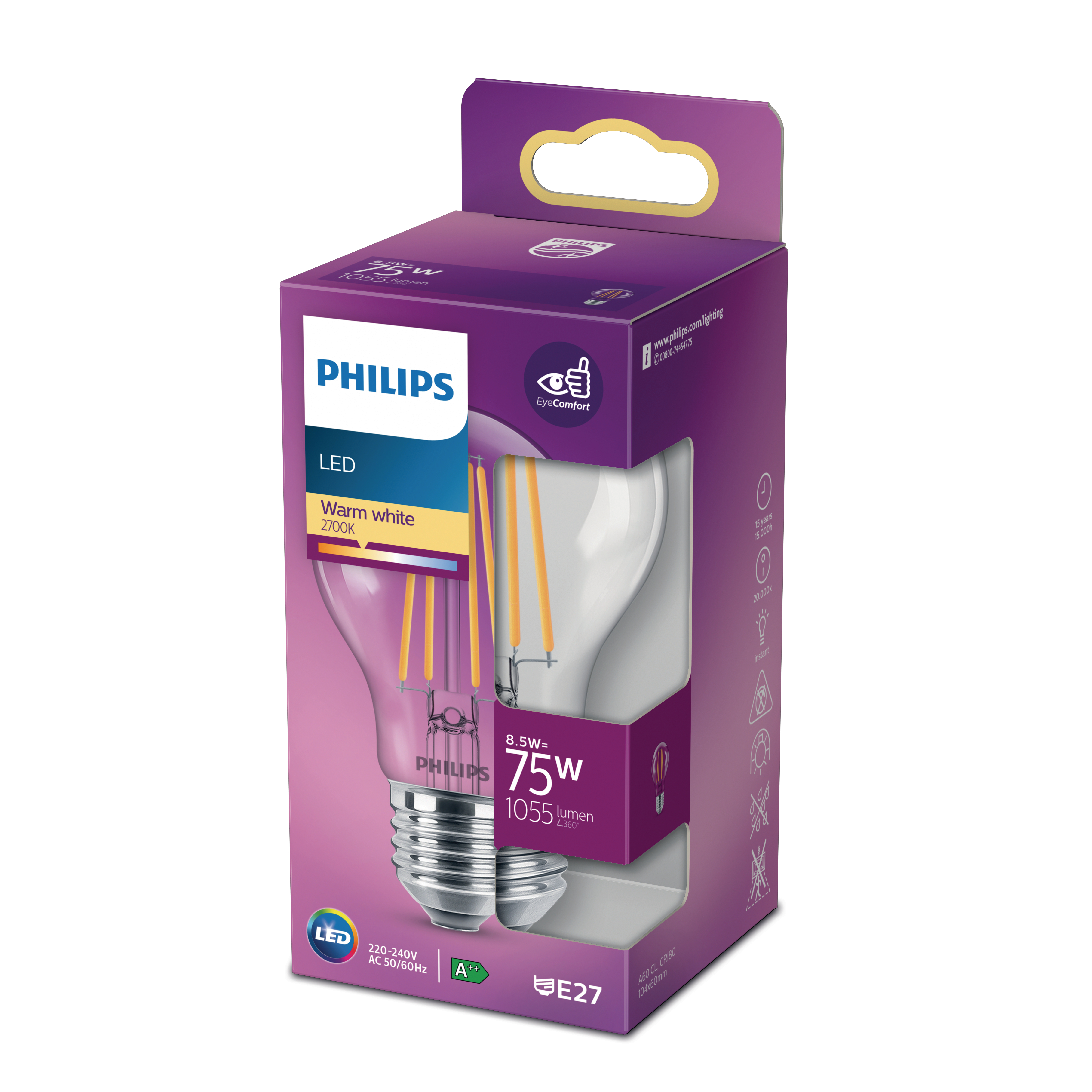 Eine Philips LED-Glühbirne in ihrer Verpackung, mit einer klaren Glühbirne und einer lila Schachtel.
