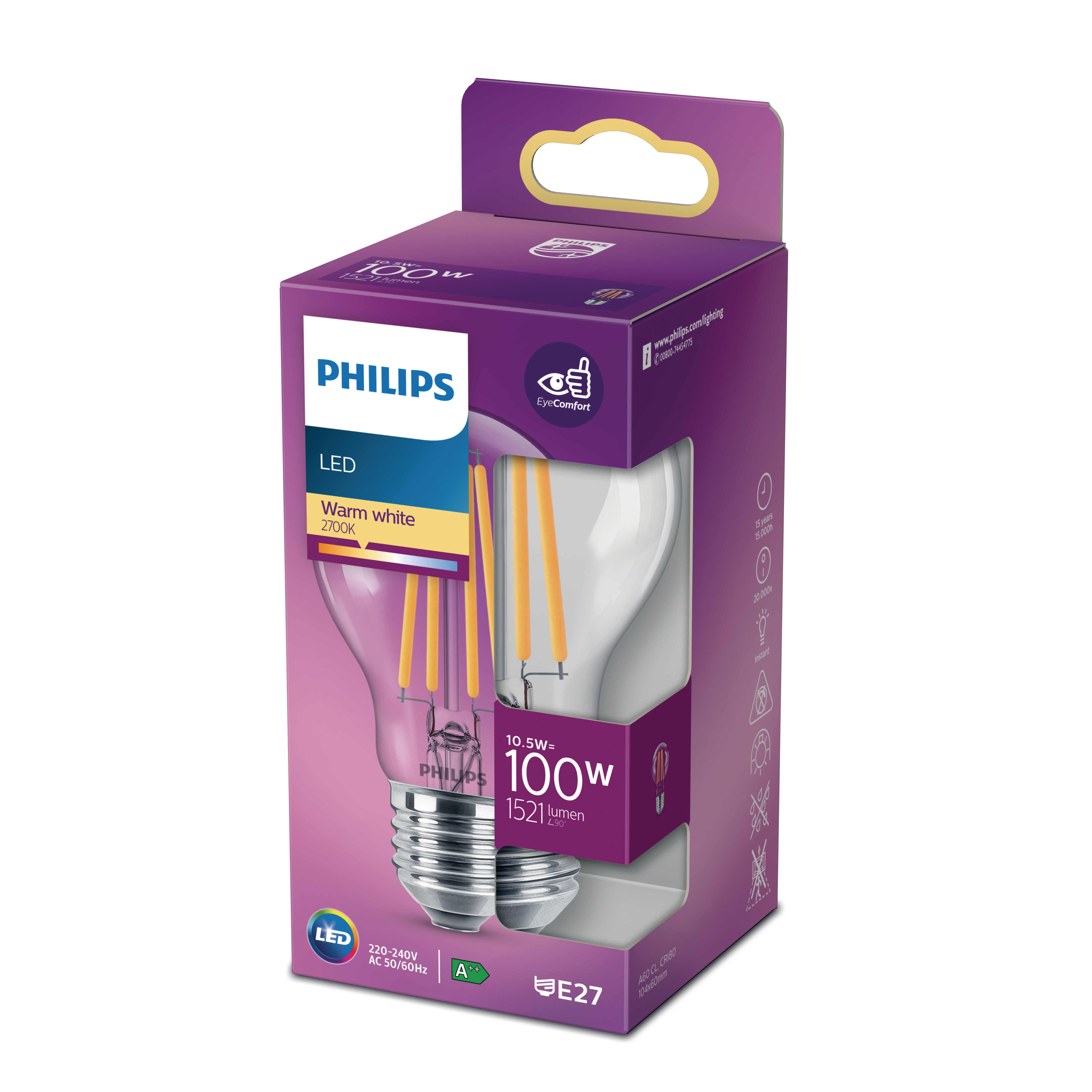 Philips LED-Glühbirne in einer Box. Die Box ist lila und weiß.