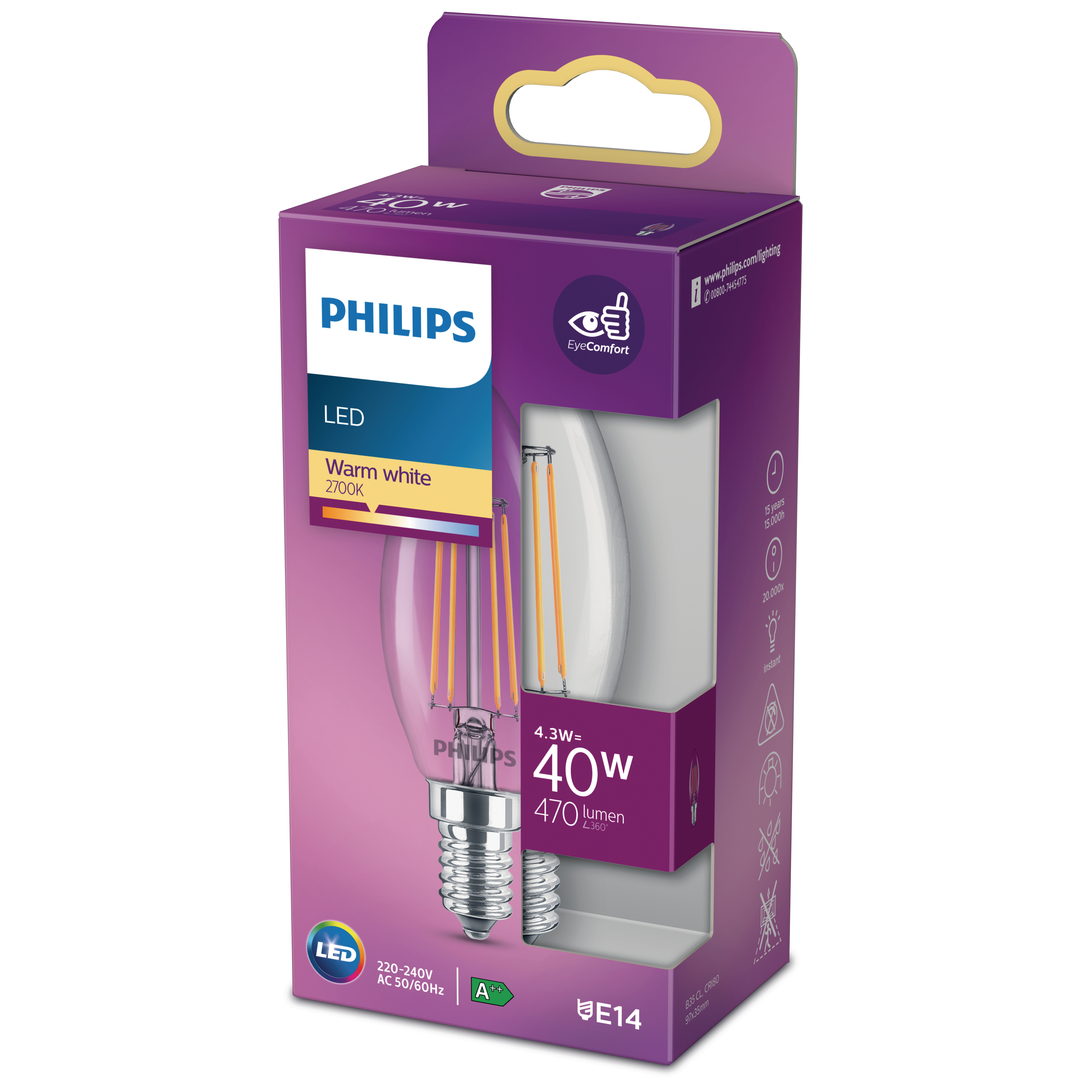 Eine Schachtel mit einer Philips LED-Glühbirne. Die Schachtel ist lila.