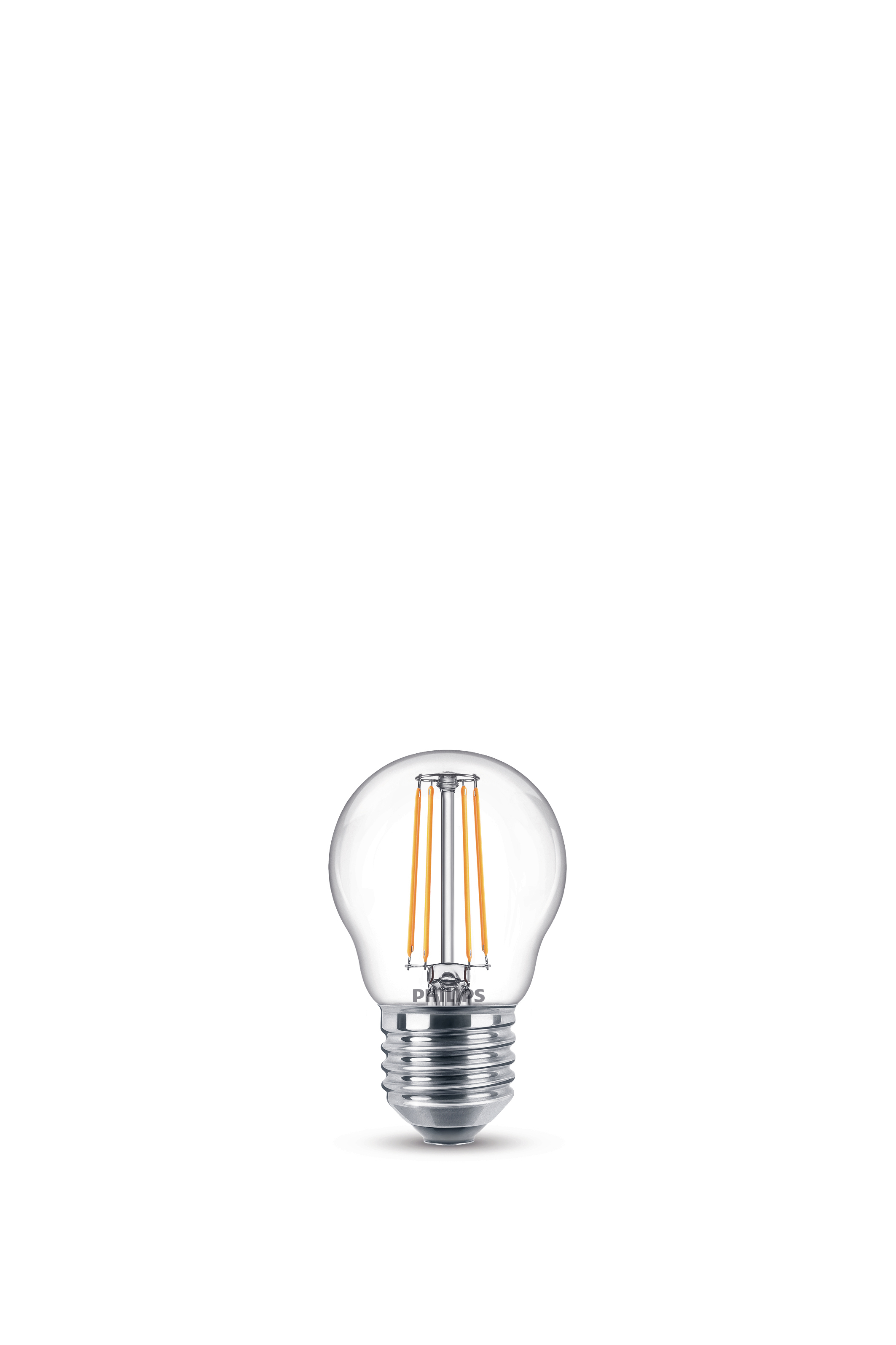 Eine Glühbirne. Klares Glas mit orangefarbenen Filamenten. Weißer Hintergrund.