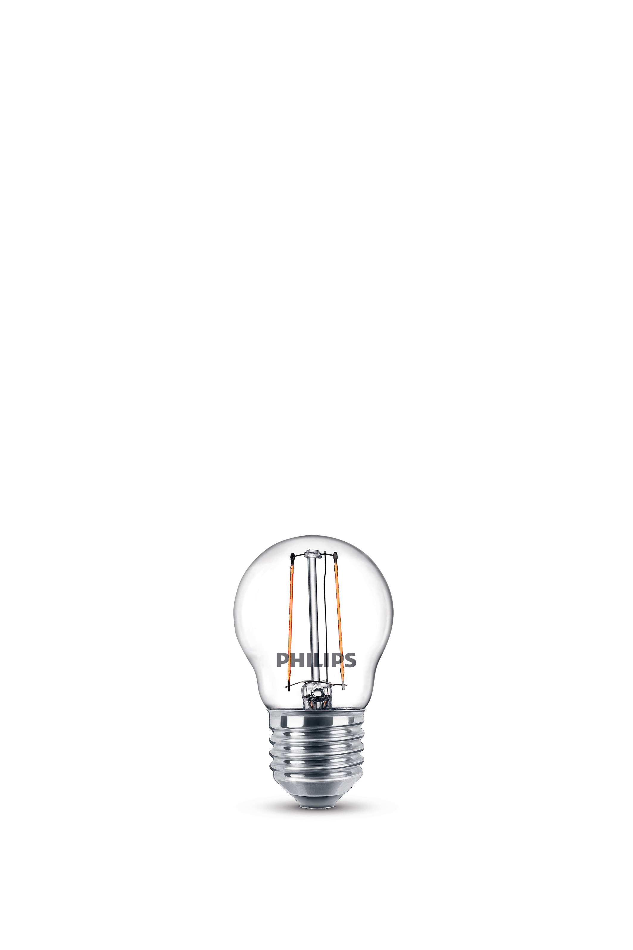Eine kleine Philips-Glühbirne mit einem klaren Glaskolben und zwei vertikalen Filamenten. Sie hat einen silbernen Sockel.