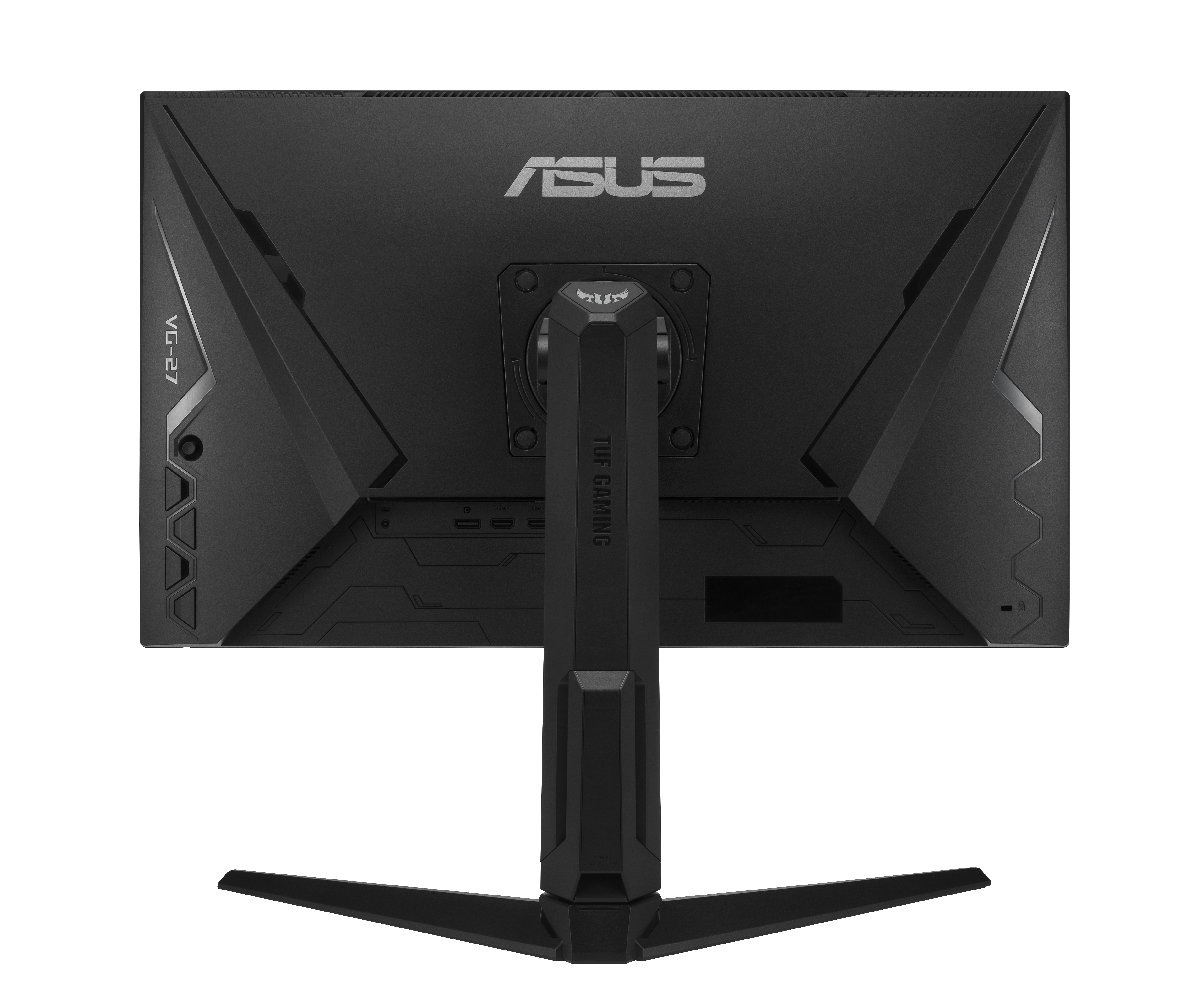 Rückseite eines schwarzen ASUS Gaming-Monitors mit Standfuß und Branding, auf weißem Grund.