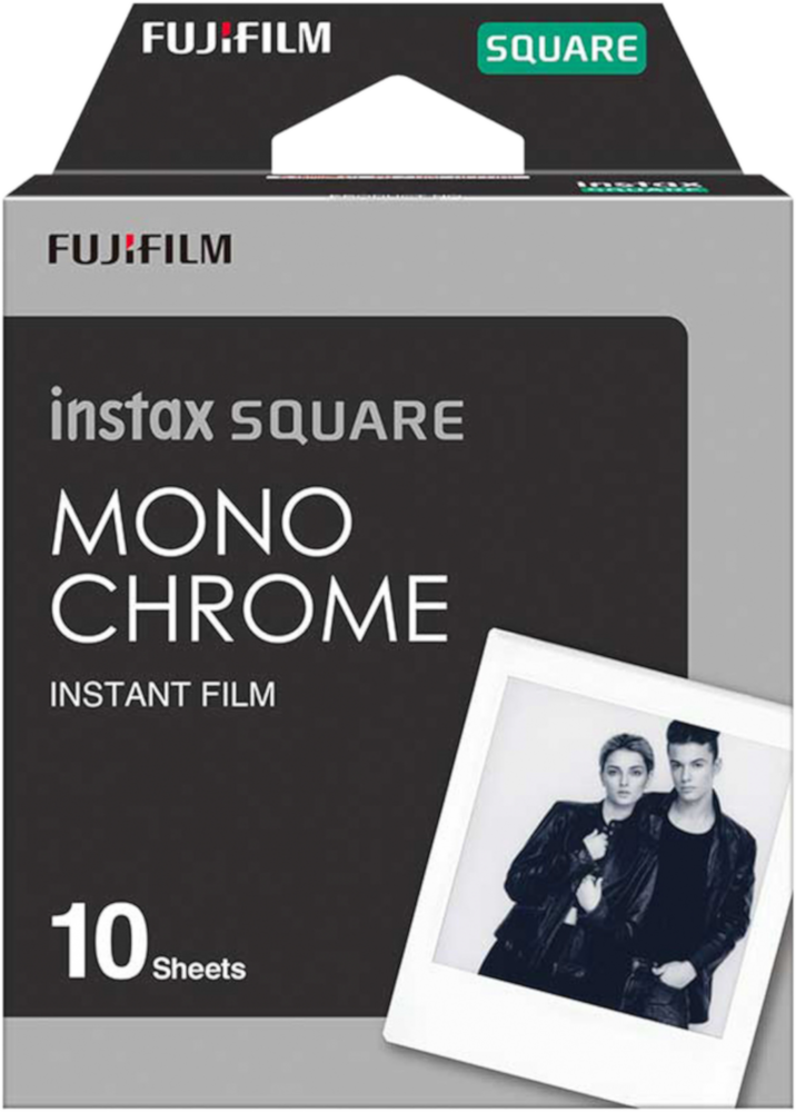 Un paquet de film Fujifilm Instax Square avec photos d'un couple et titre.