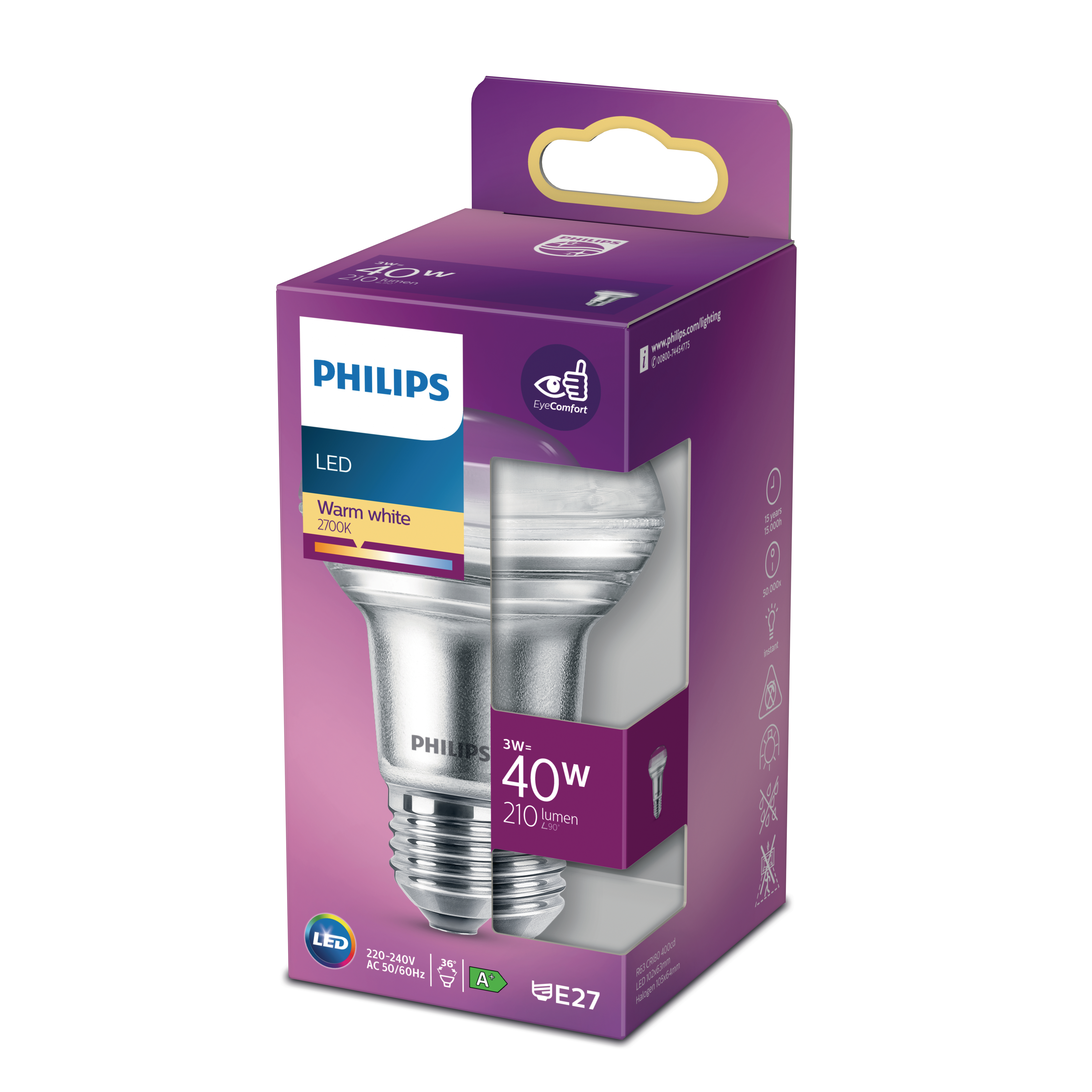 Philips LED-Lampenbox. Warmweiß, E27-Sockel, energieeffizient, 40W, 210 Lumen.