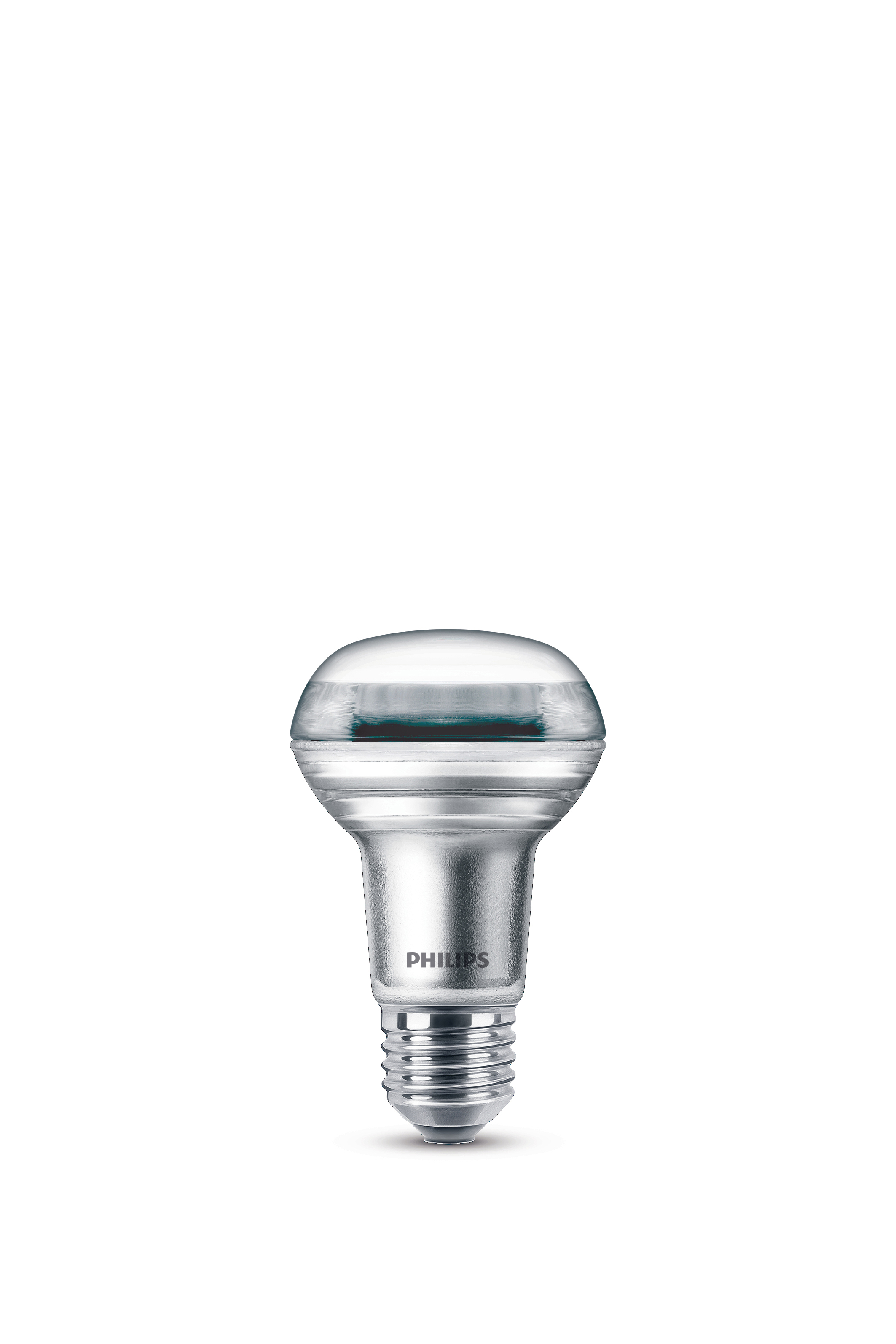 Silberne Philips LED-Spotlight-Glühbirne. Sie hat eine abgerundete Oberseite und einen silbernen Sockel.