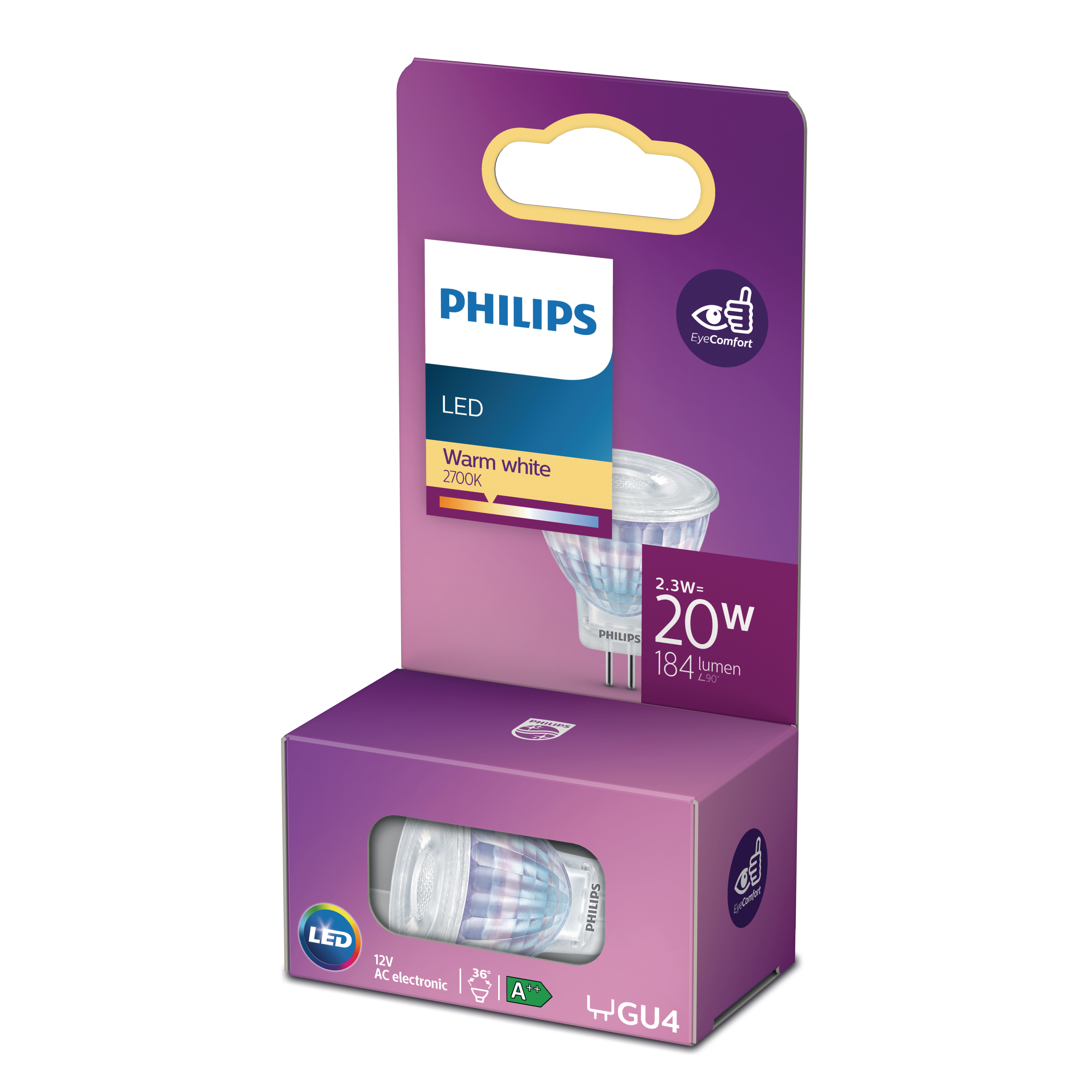 Verpackte Philips LED GU4 Glühbirne, warmweiß, 2700K, 2,3 W = 20 W, 184 Lumen.
