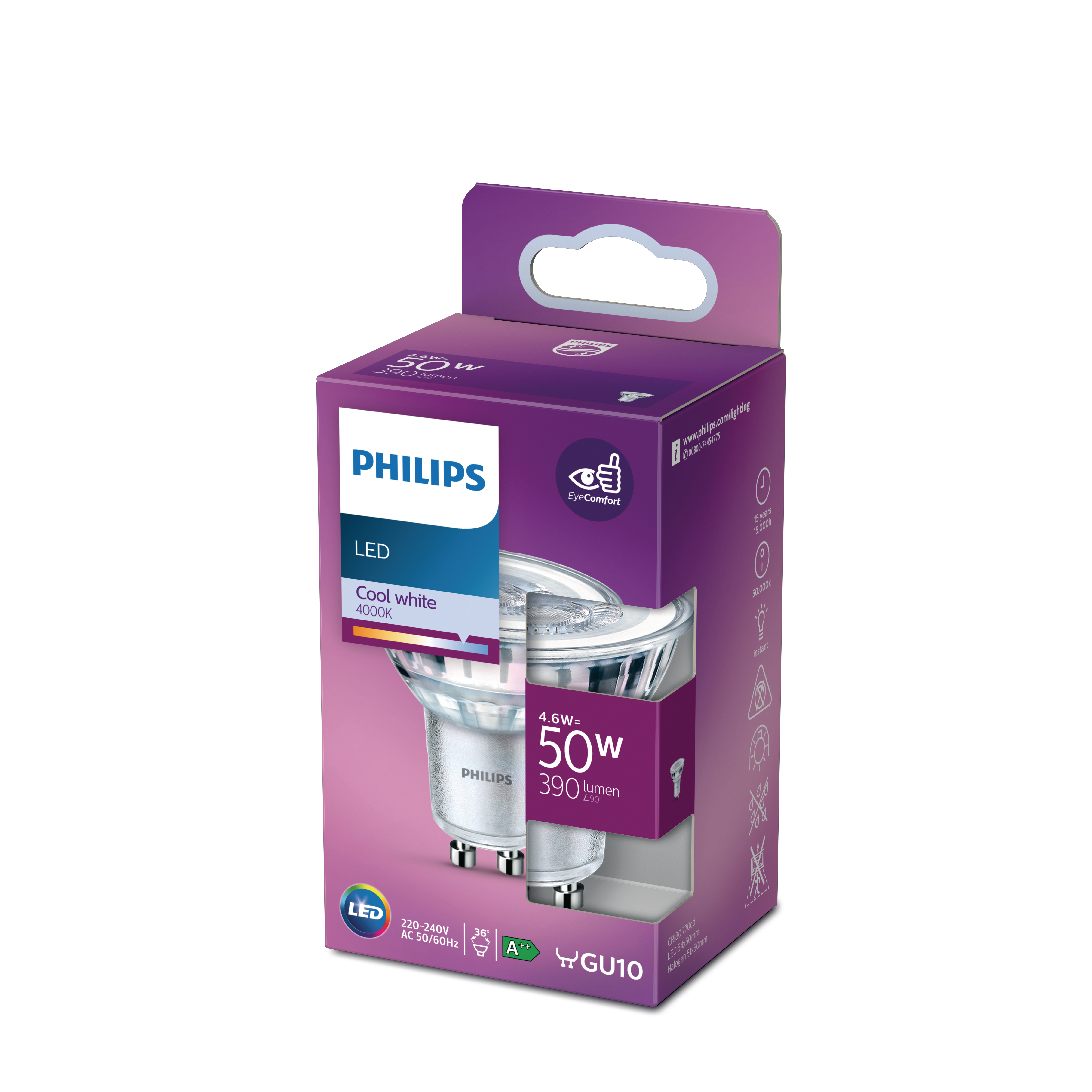 Ein Philips LED-Spotlight-Leuchtmittel in einer Verpackung. Die Verpackung ist weiß und lila.