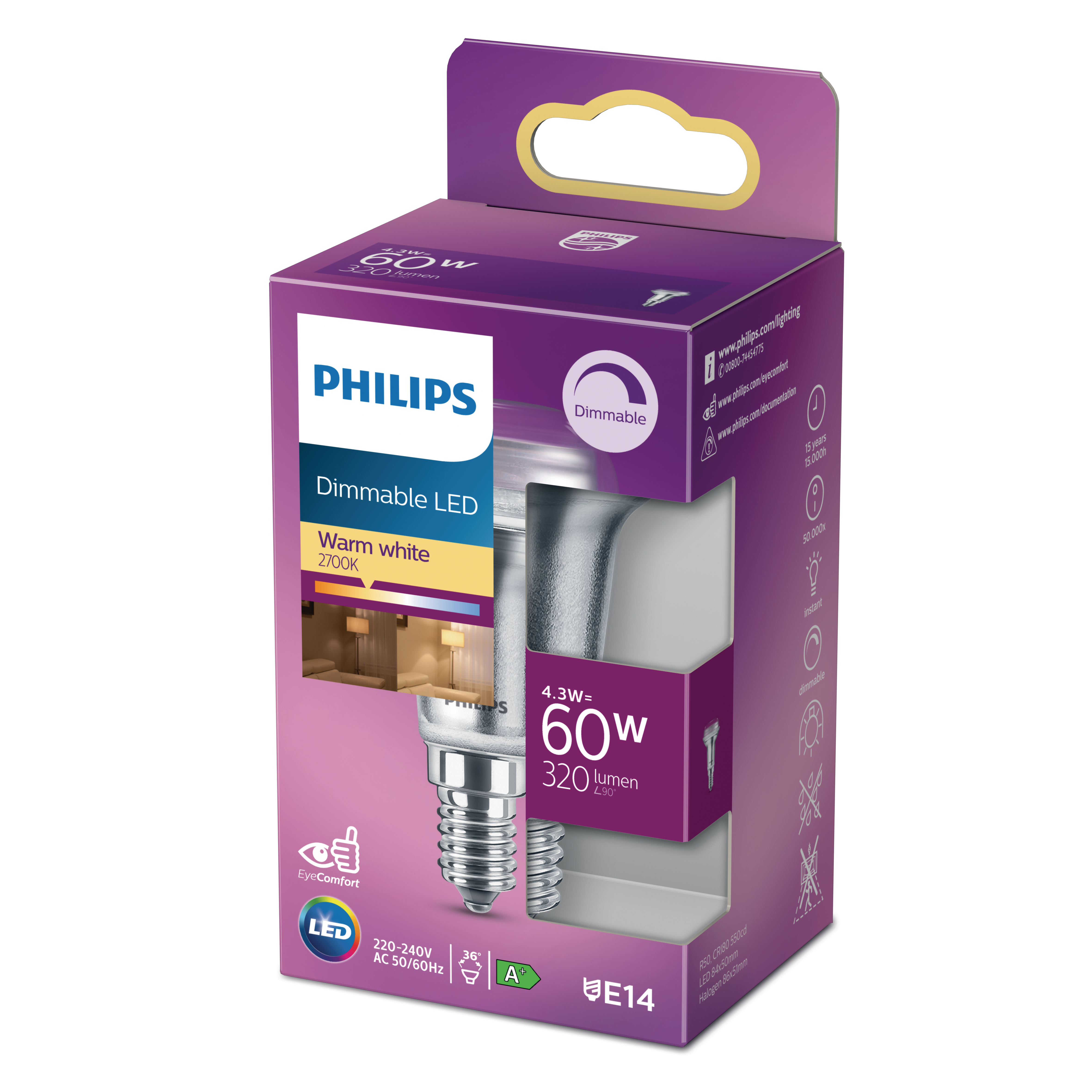 Philips LED-Glühbirne in einer Box, dimmbar, warmweiß, 60W.