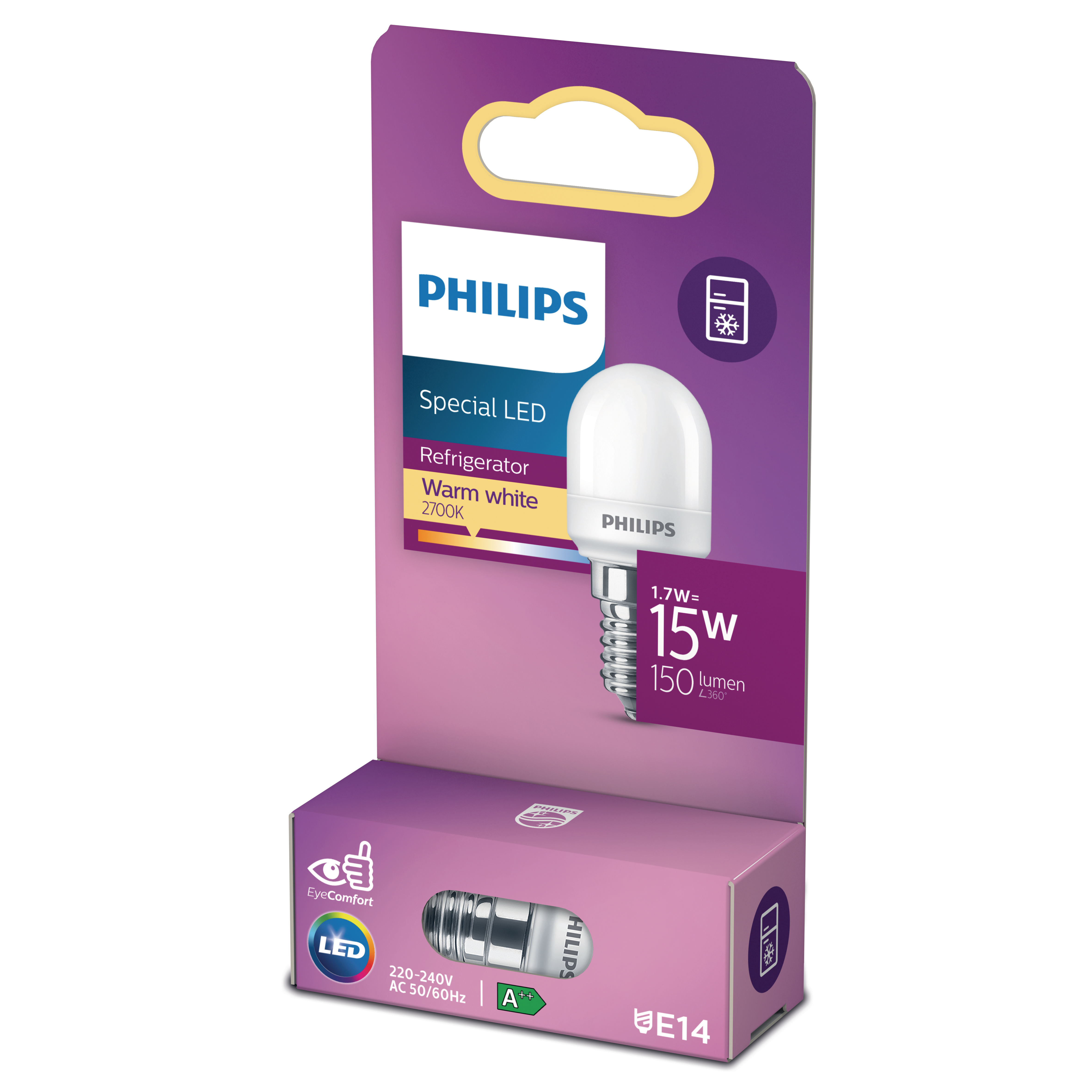 Philips LED-Kühlschrank-Glühbirne in der Verpackung, mit sichtbaren Produktinformationen.