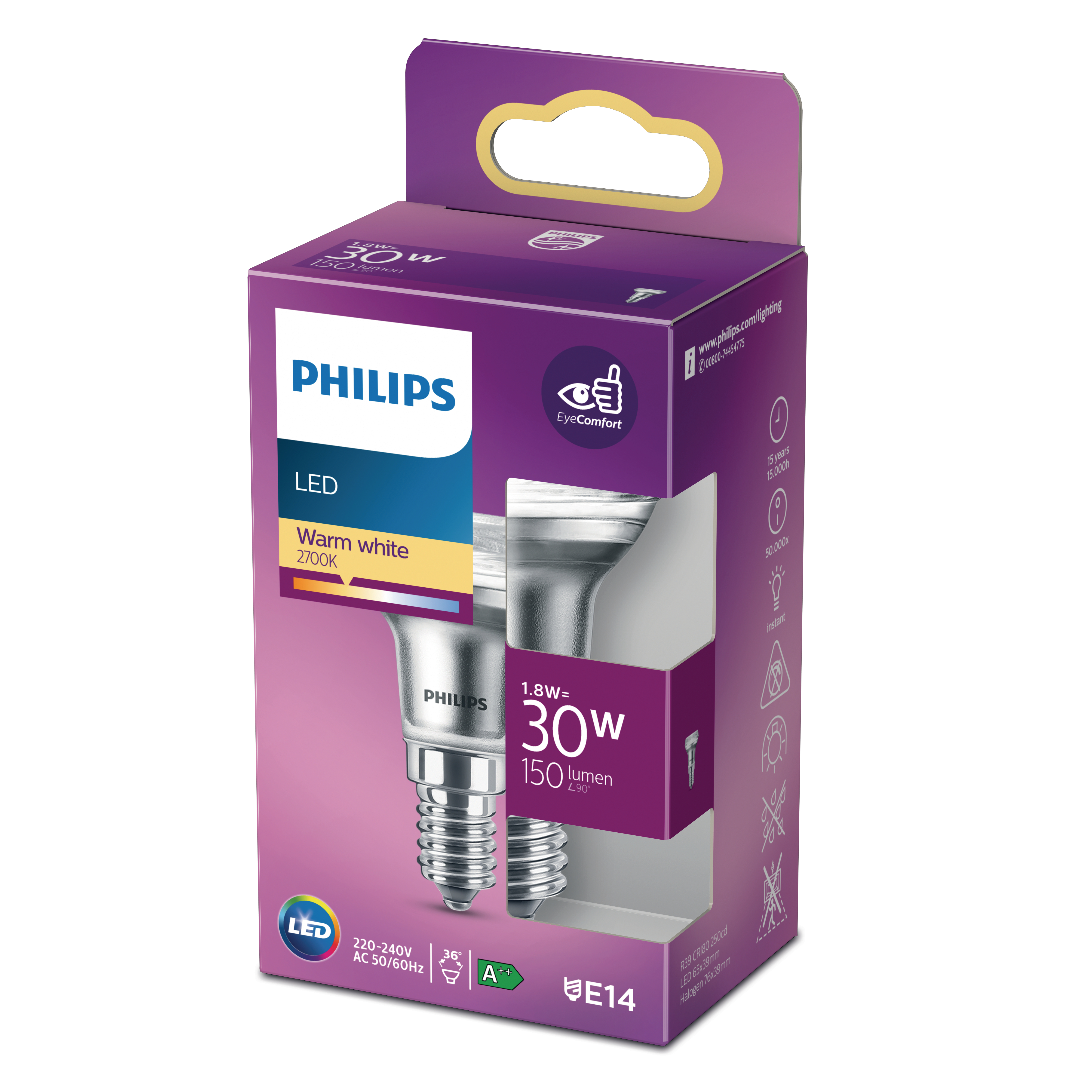 Eine Philips LED-Glühbirnenbox, lila und weiß, mit Produktinformationen.