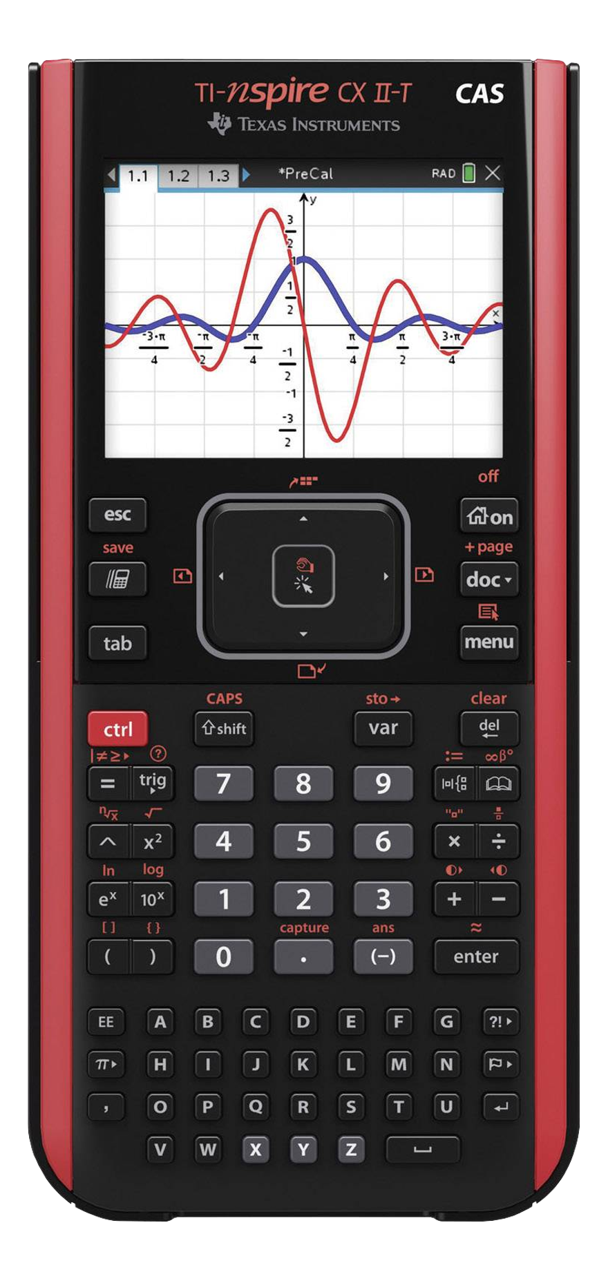 Ein schwarz-roter Grafikrechner mit mehreren Tasten und einem Bildschirm.