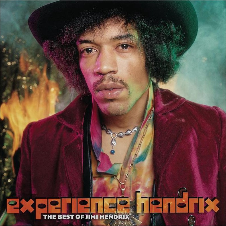 Albumhoes met een portret van Jimi Hendrix, met een hoed en jas, met "experience hendrix" geschreven.
