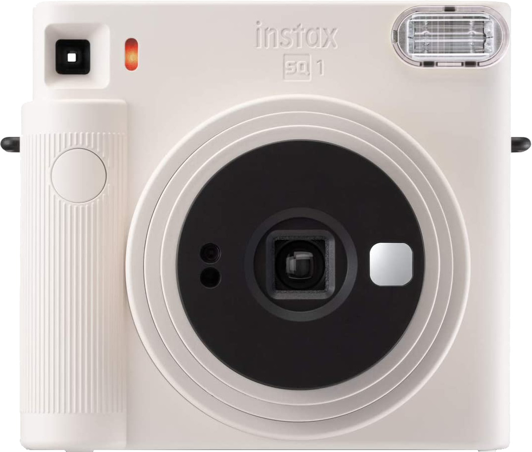 White Instax SQ1 camera. It has a large lens, a flash, and a selfie mirror. The camera is square.