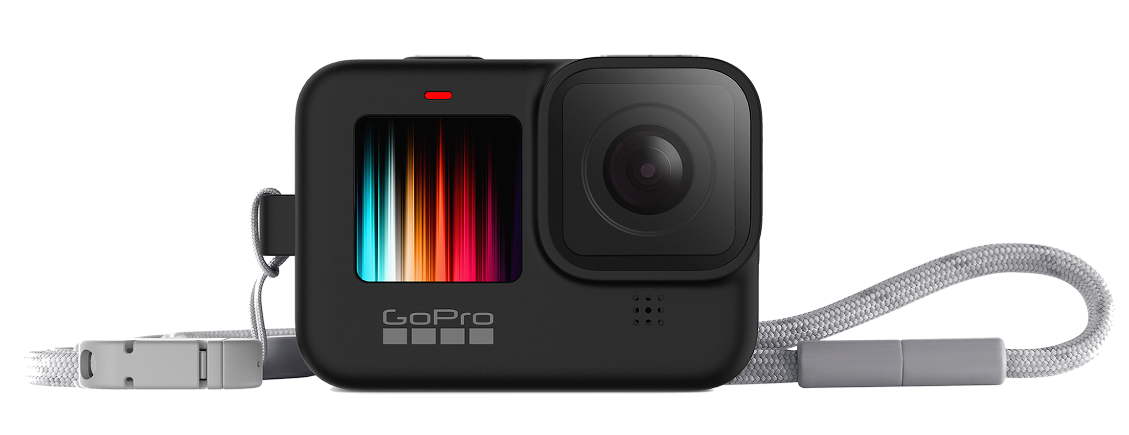 Een zwarte GoPro-camera met een kleurrijk display en een grijze polsband op een zwarte achtergrond.
