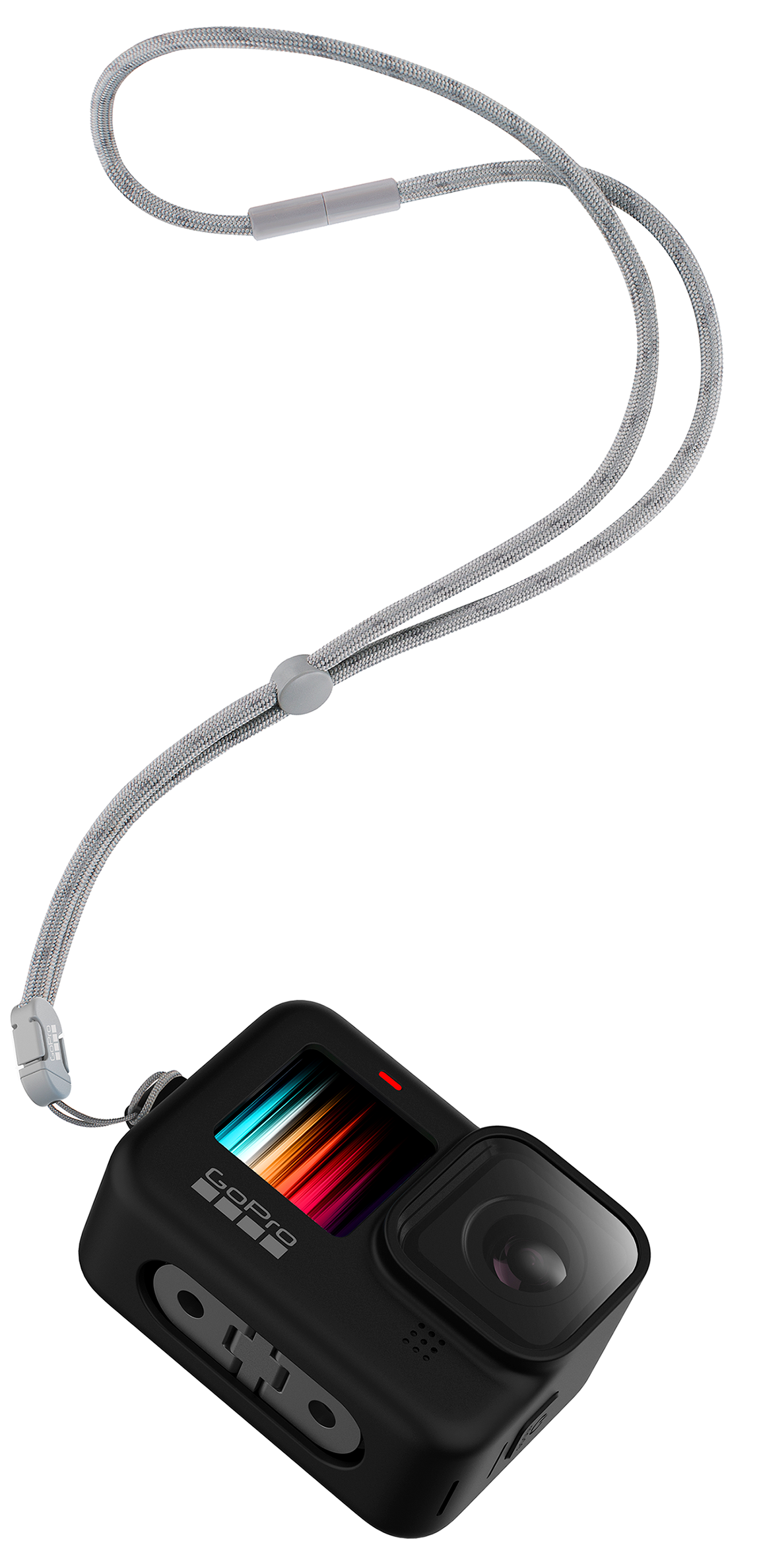 Een zwarte GoPro-camera bevestigd aan een grijze koord, tegen een witte achtergrond.