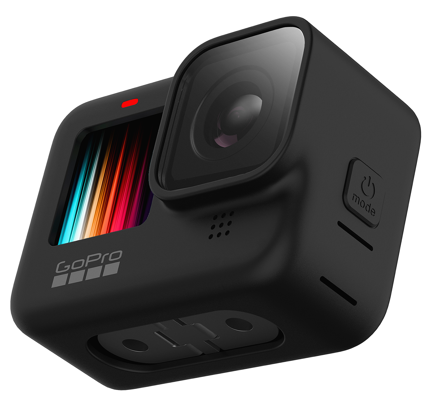 Een zwarte GoPro-camera met een scherm en lens, schuine weergave, geïsoleerd op wit.