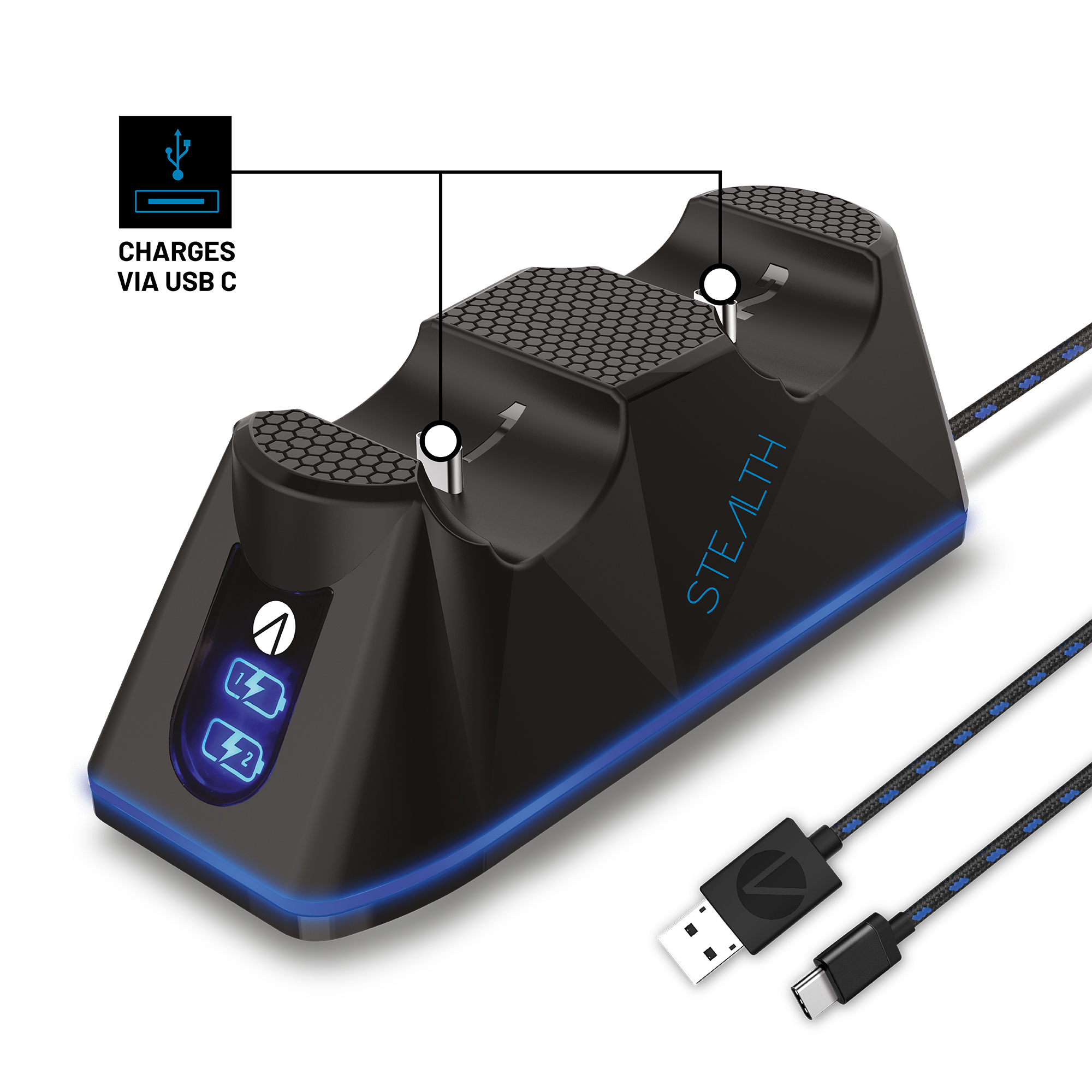 Ladestation, schwarz, über USB C, mit blauer Beleuchtung, für zwei Gamecontroller.