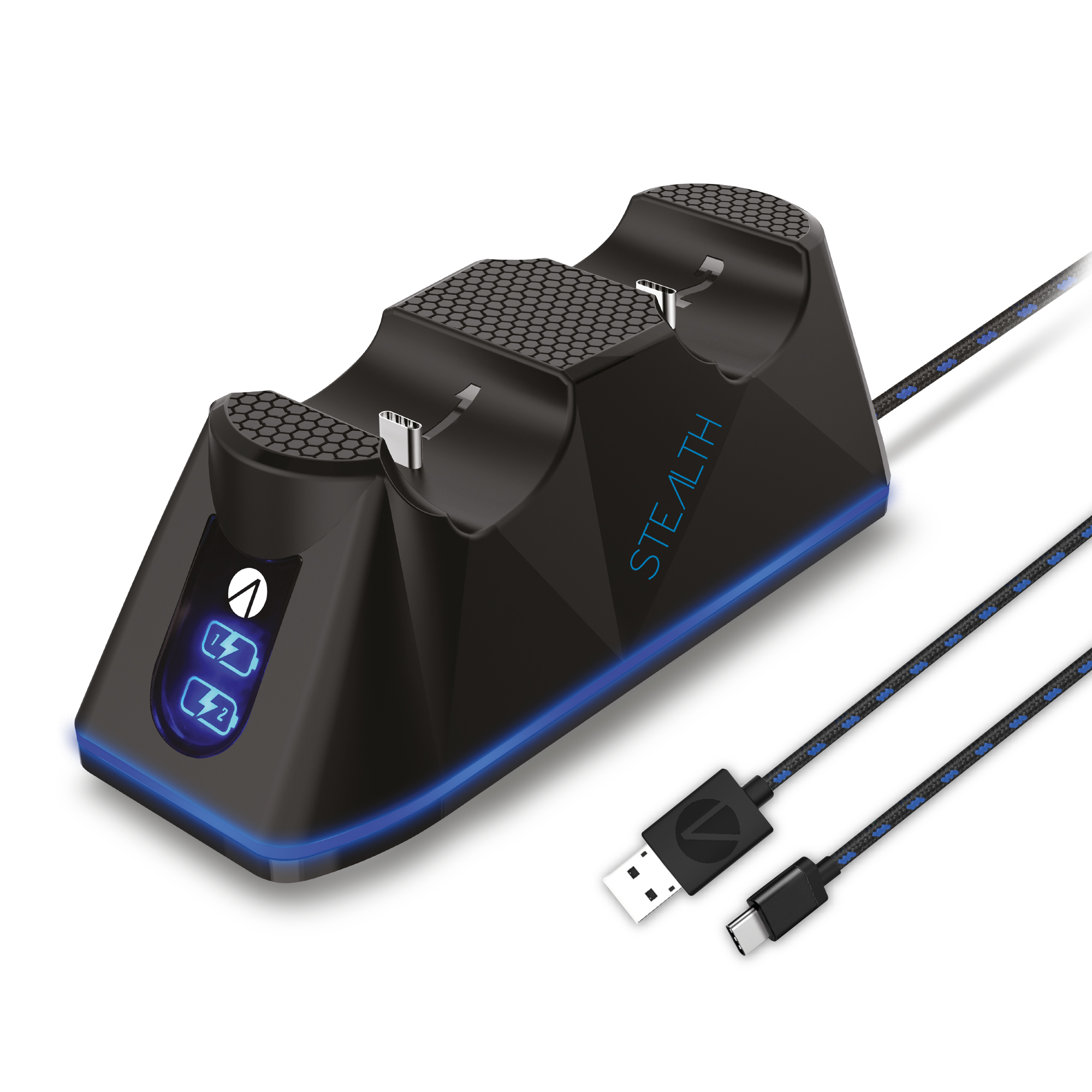 Schwarze Stealth-Ladestation mit zwei Ladeschlitzen und blauen LED-Lichtern, mit Kabeln.