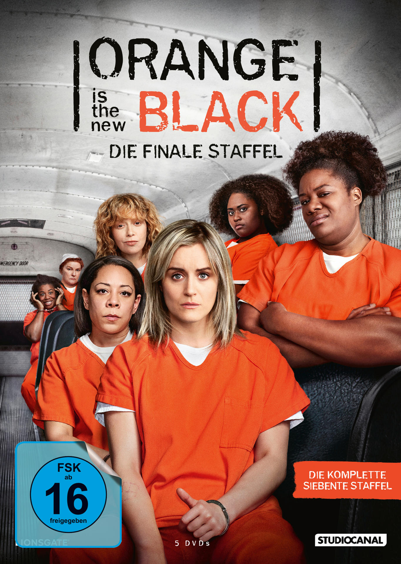 DVD-Cover für "Orange is the New Black". Zeigt Darsteller in orangefarbenen Overalls in einem Bus, deutscher Text.