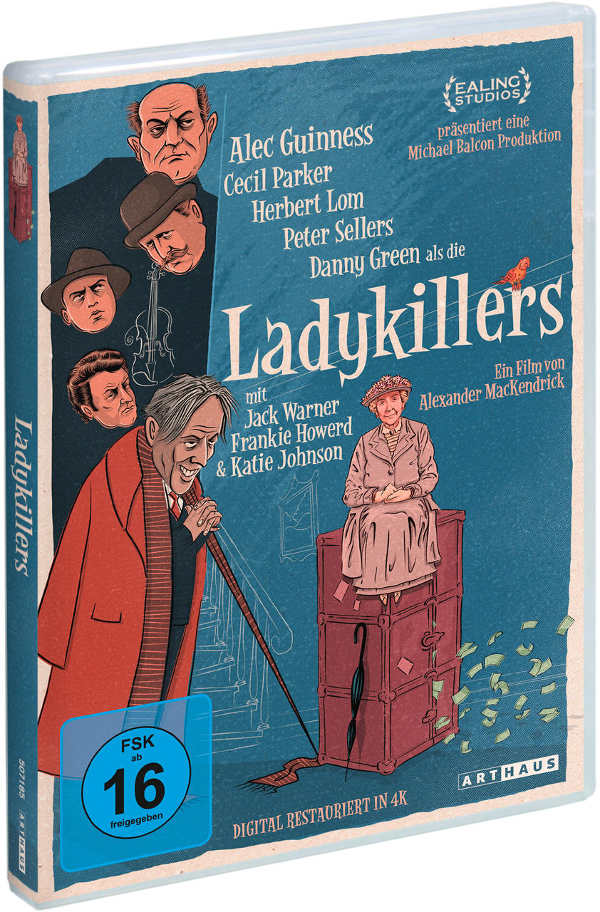 DVD-Cover des Films 'Ladykillers' mit Gesichtern der Schauspieler und Vintage-Design.